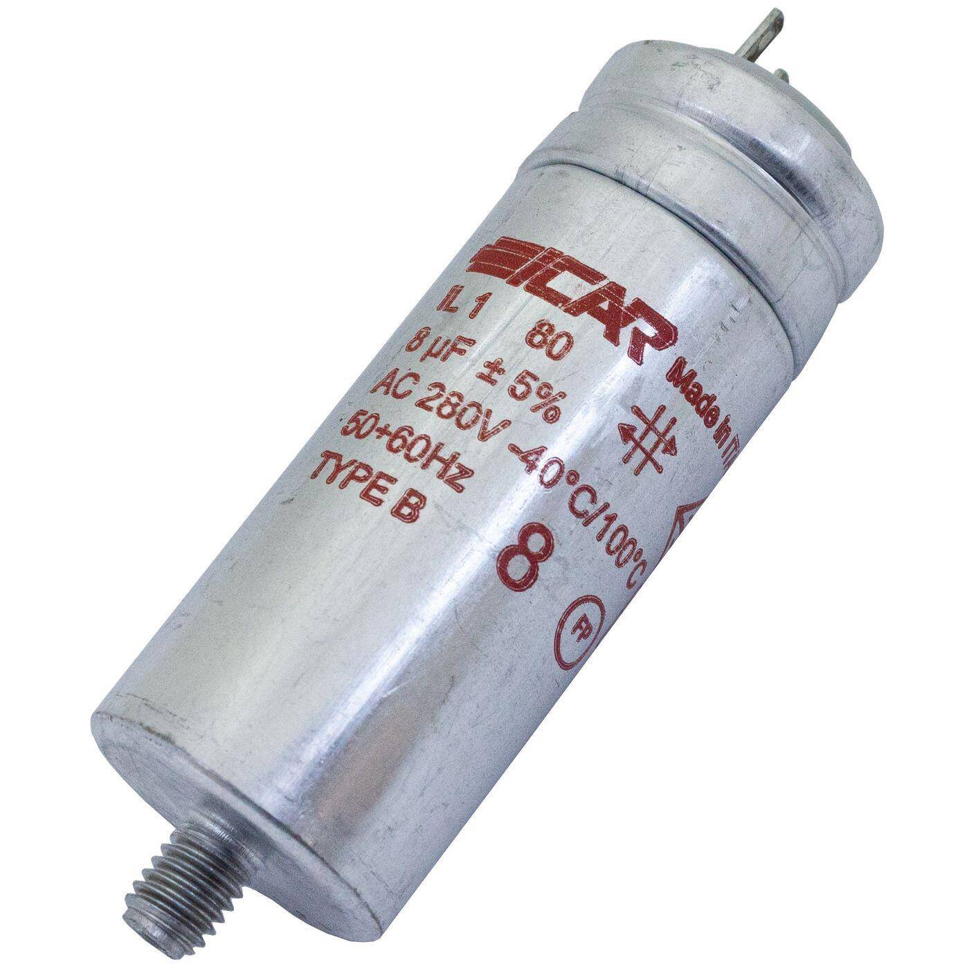 Anlaufkondensator Motorkondensator 8µF 280V 30x78mm Stecker 2,8x0,8mm ICAR 8uF