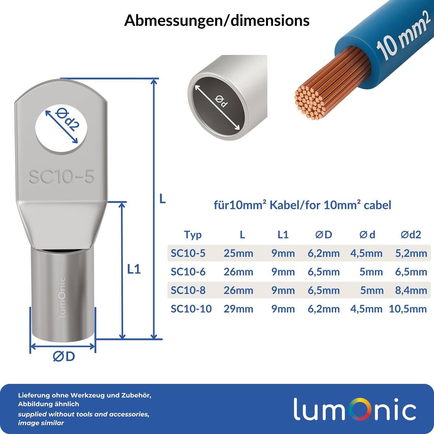 Lumonic 10x Rohrkabelschuh 10mm² blank | M10 | Kupfer verzinnt | Kabelverbindung ohne Löten | SC10-10, Set mit 10 Stück Crimp-Kabelschuh, Quetschverbinder | KFZ, Maschinenbau, Wohnmobil, Batterie