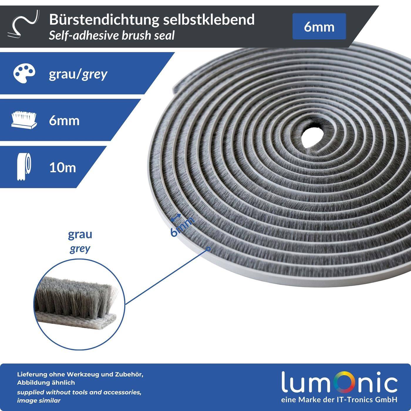 Lumonic 10m Brush seal gray 6mm | Self-adhesive + Can be cut to size | Draught excluder, cold protection, insect screen for windows, doors, cupboards