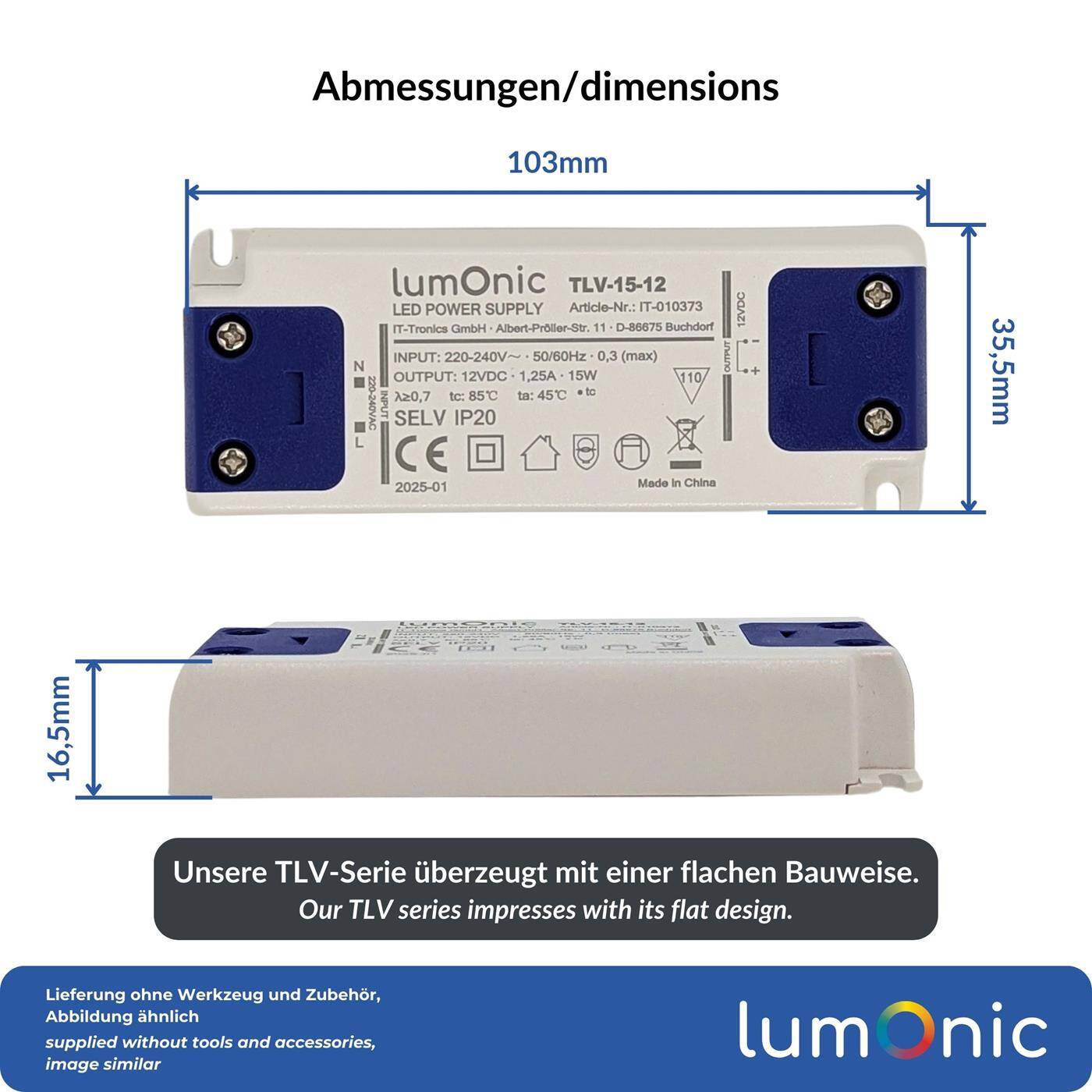 Lumonic I LED Trafo TLV-15-12 I 12V 15W I Input 220-240VAC I flimmerfrei & ultradünn I Überlastschutz I LED-Netzteil I für LED-Beleuchtung & LED-Streifen