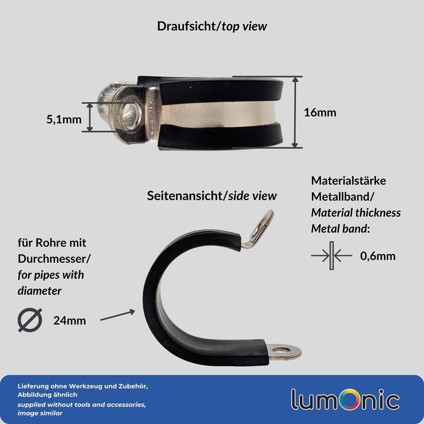 Lumonic 10x 24mm Rohrschellen mit Gummieinlage Edelstahl V2A I Kabelschellen zum Schrauben I Schlauchschelle 24mm, Rohrschellen, Befestigungsschelle 24mm, Rohrhalterung