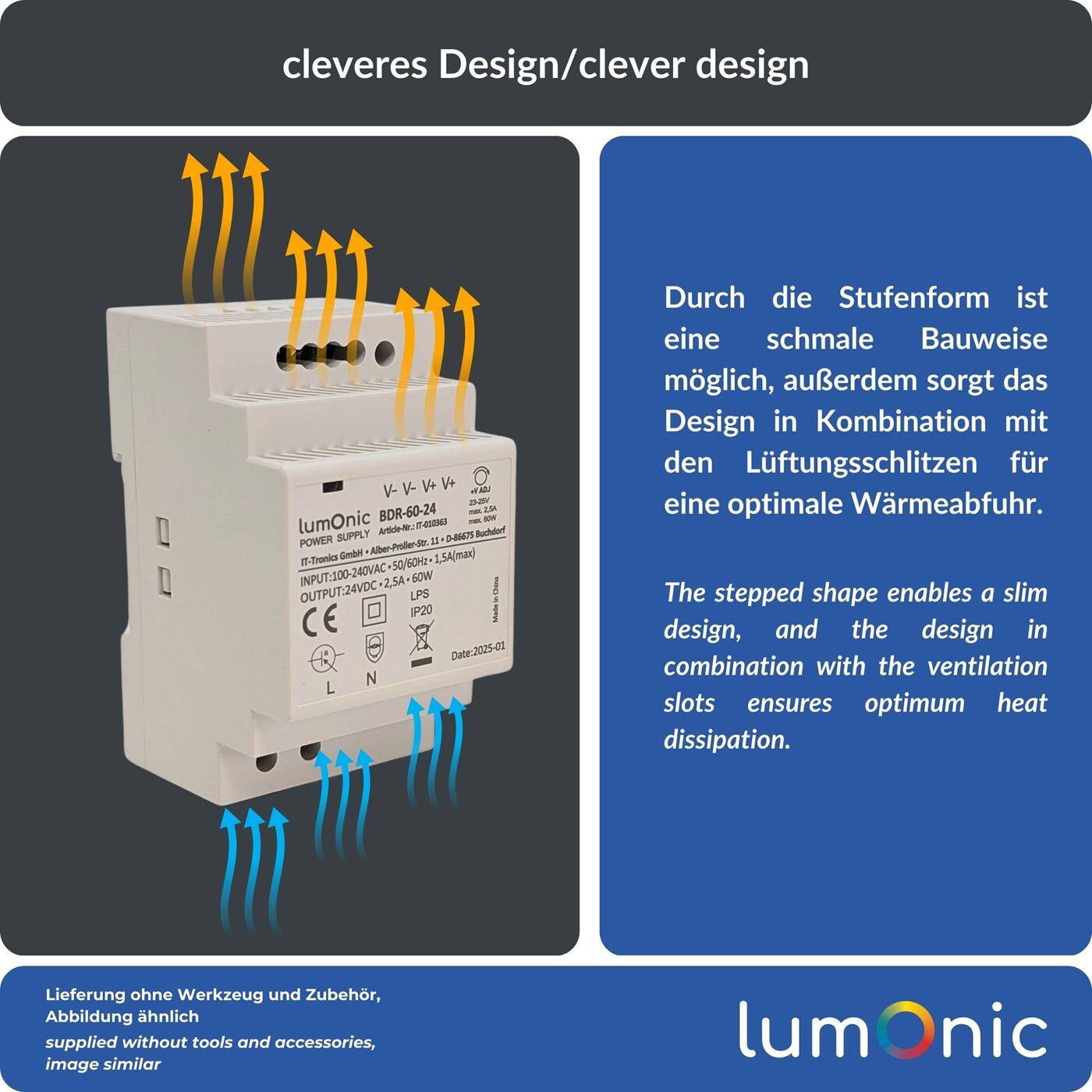 Lumonic I Netzteil Hutschiene BDR-60-24 I 24V / 60W I Input 100-240VAC I Überlastschutz & kurzschlussfest I DIN-Rail Schaltnetzteil I Schaltschrank & Verteilerkasten