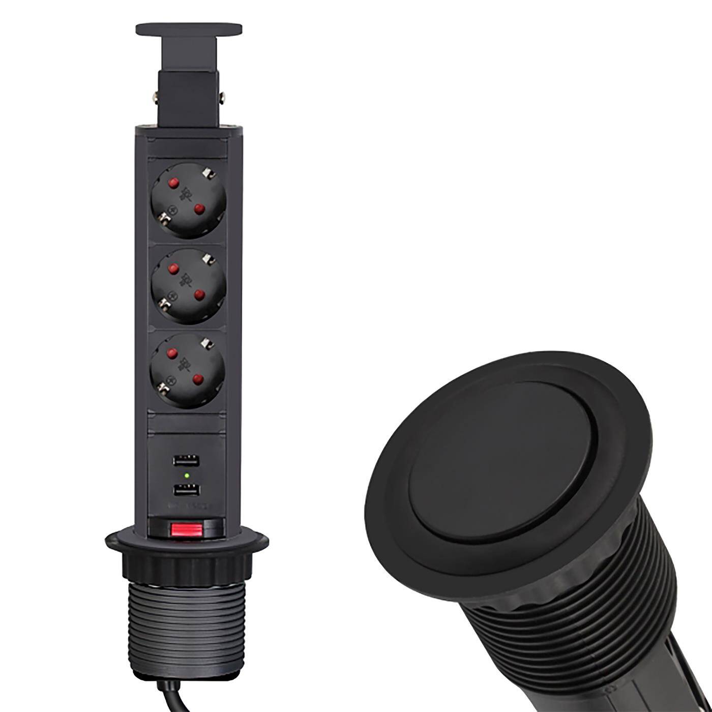 Lumonic LiftBox 3x Schuko Steckdose + 2x USB 2,4A Tischsteckdose Schwarz I 3 Steckdosen mit 230V im Tower max. 3600W I Mit Bohrloch-Größe 107mm Ideal für den Einbau