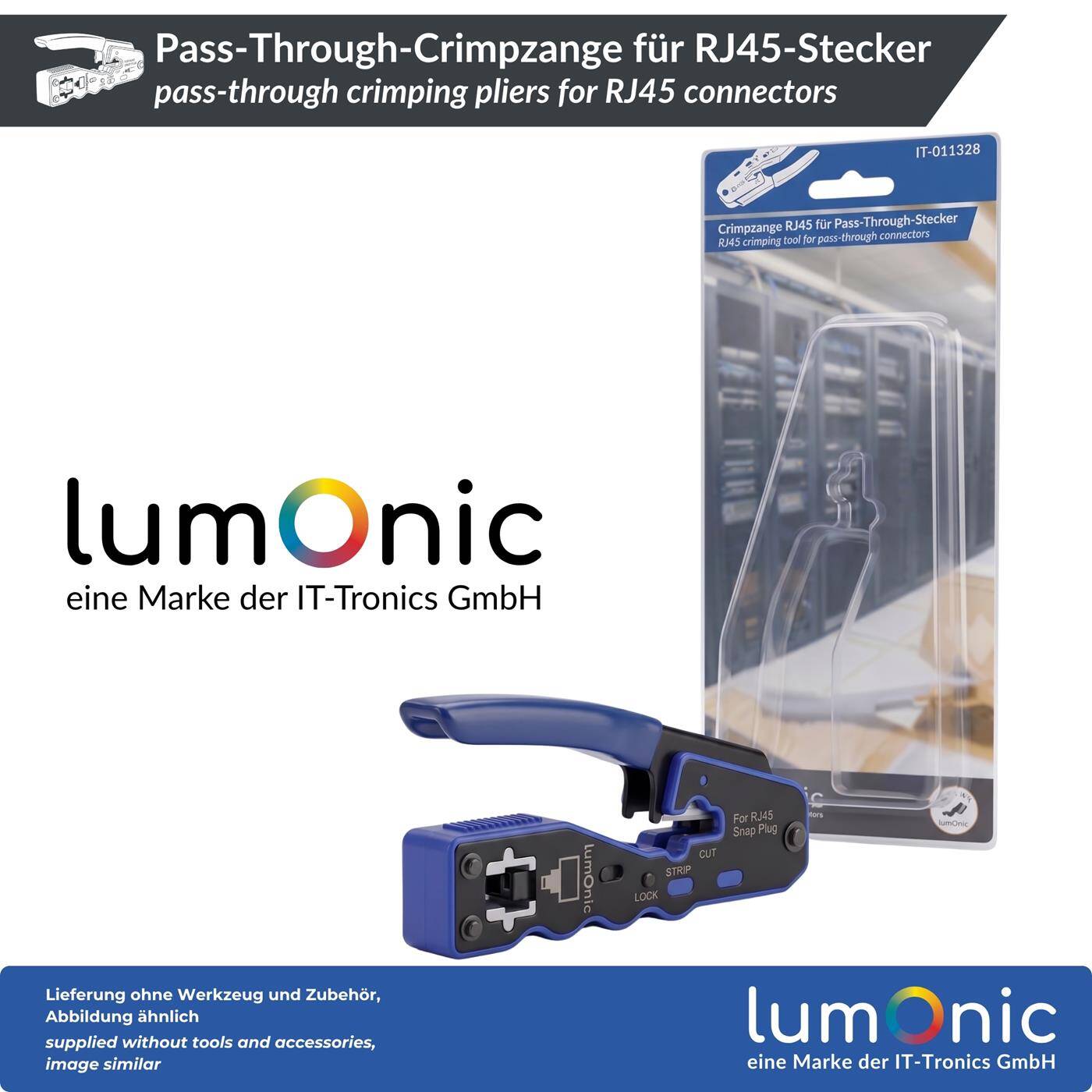 Lumonic Pass-Through Crimping Pliers for RJ45 Connectors - for pass-through connectors, metal body, crimping and front-end cutting in a single operation, all CAT classes