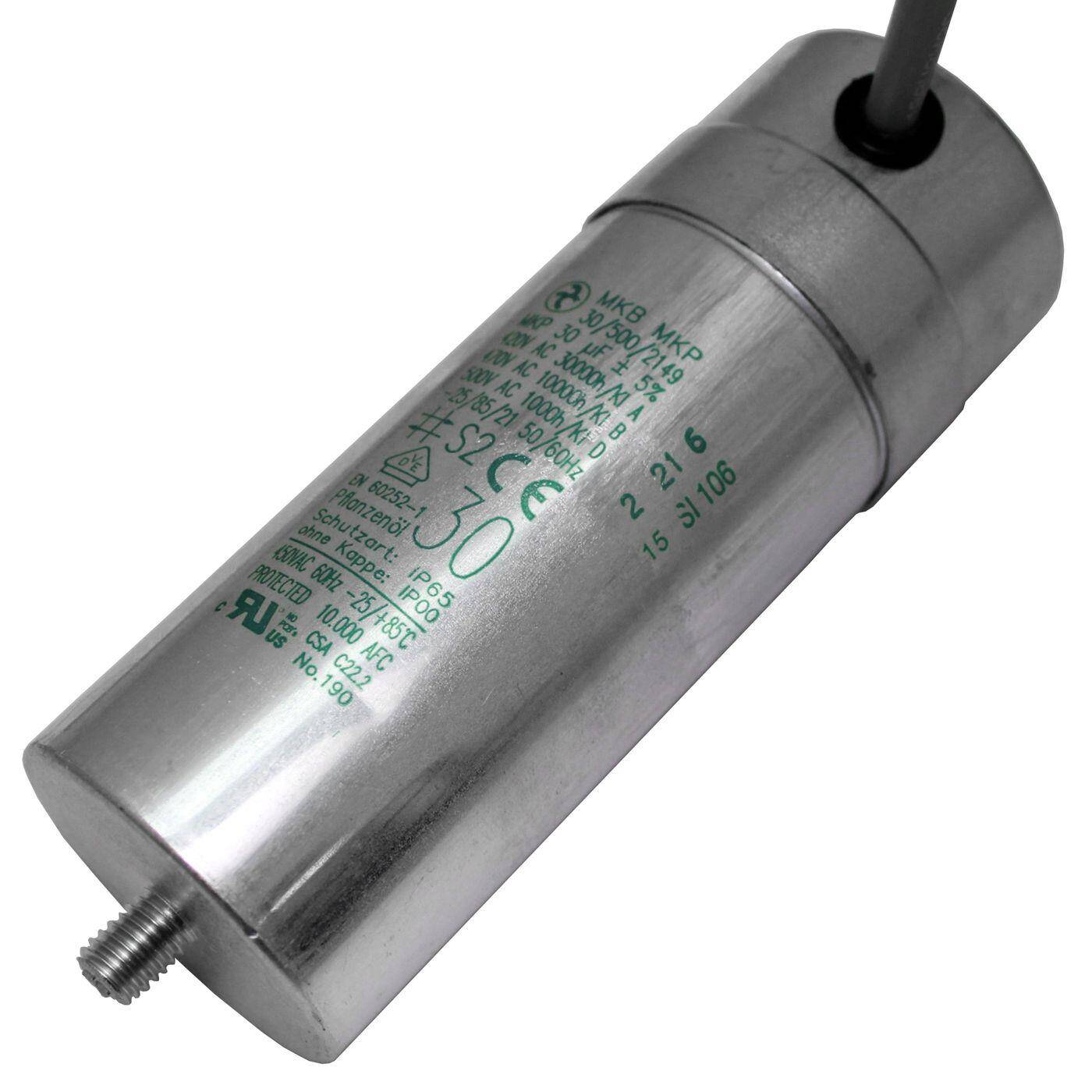 Lumonic Anlaufkondensator Hydra MKP-500 30-C inkl. Kabel 40cm | Motorkondensator 30µF 470V 45x125mm I Kondensator mit hochwertigem Metallgehäuse