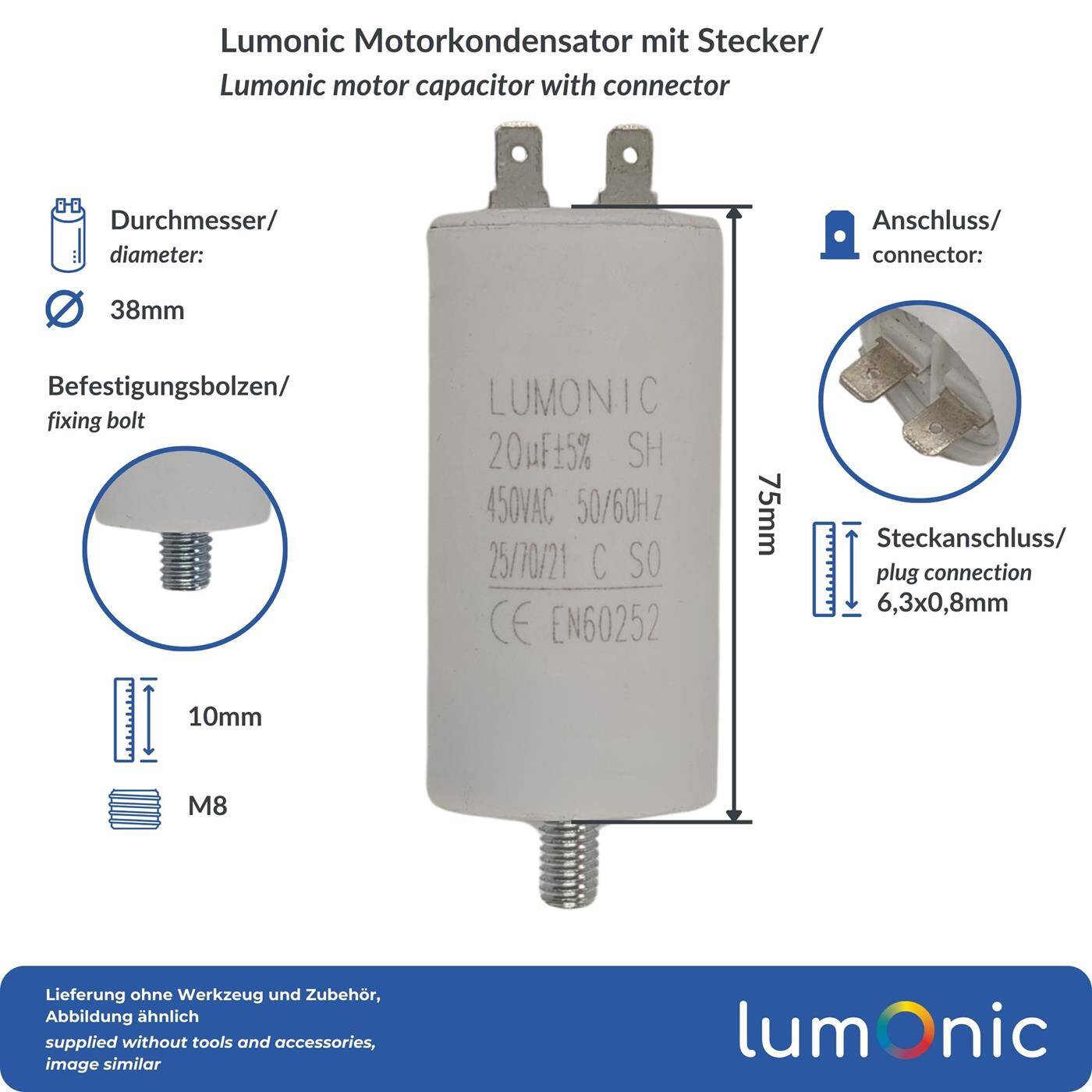 Lumonic Anlaufkondensator 20µF 450V | mit Stecker I 38x75mm I 20uF I Motorkondensator mit Kunststoffgehäuse I Betriebskondensator I für Pumpen, Rasenmäher, Werkzeuge