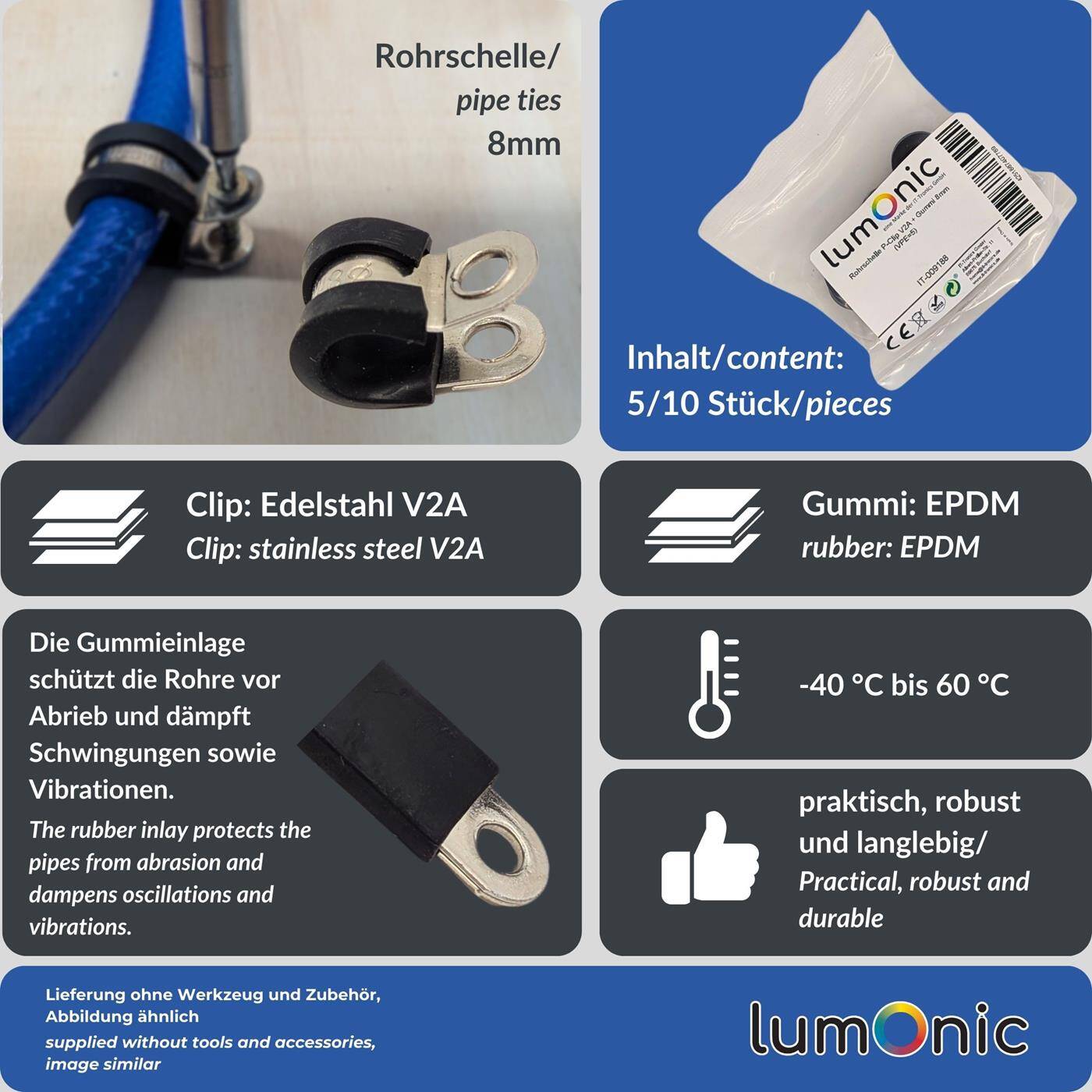 5x P-Clip Leitungsschelle Edelstahl V2A mit Gummi 8mm Rohrschelle Befestigungsschelle