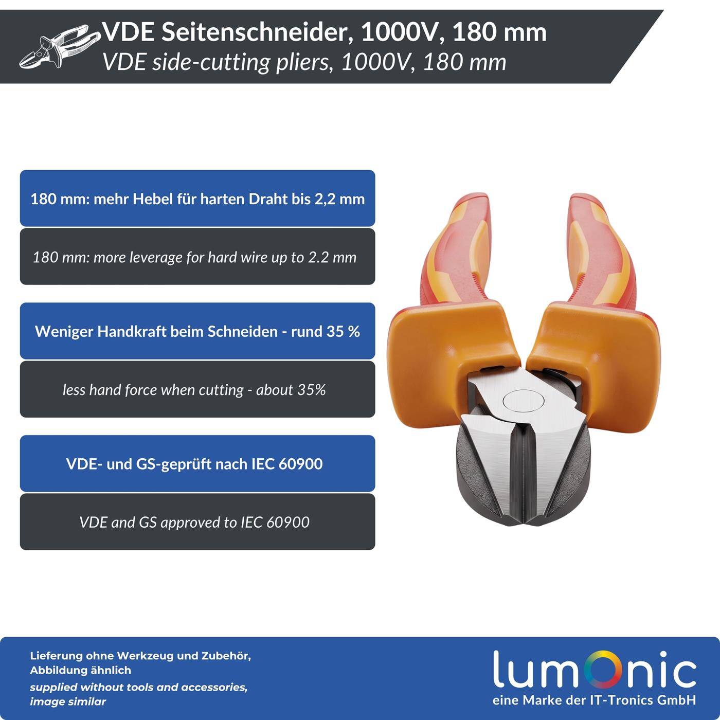 Lumonic VDE Side Cutters 1000V Heavy-Duty, 180 mm - For soft, medium-hard, and hard wire, 60CrV steel, two-component handle, for electrical installation
