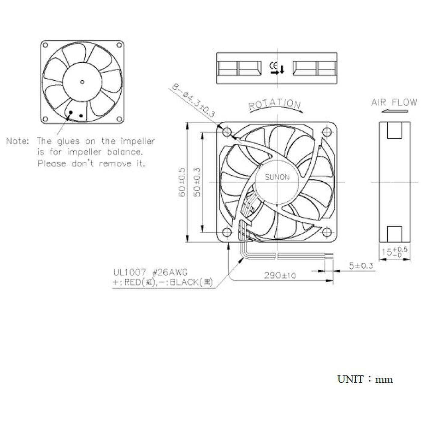 Fan 12V DC 1,53W 60x60x15mm 44,8m³/h 4700U/Min 44,8m³/h Sunon MF60151V11000UA99