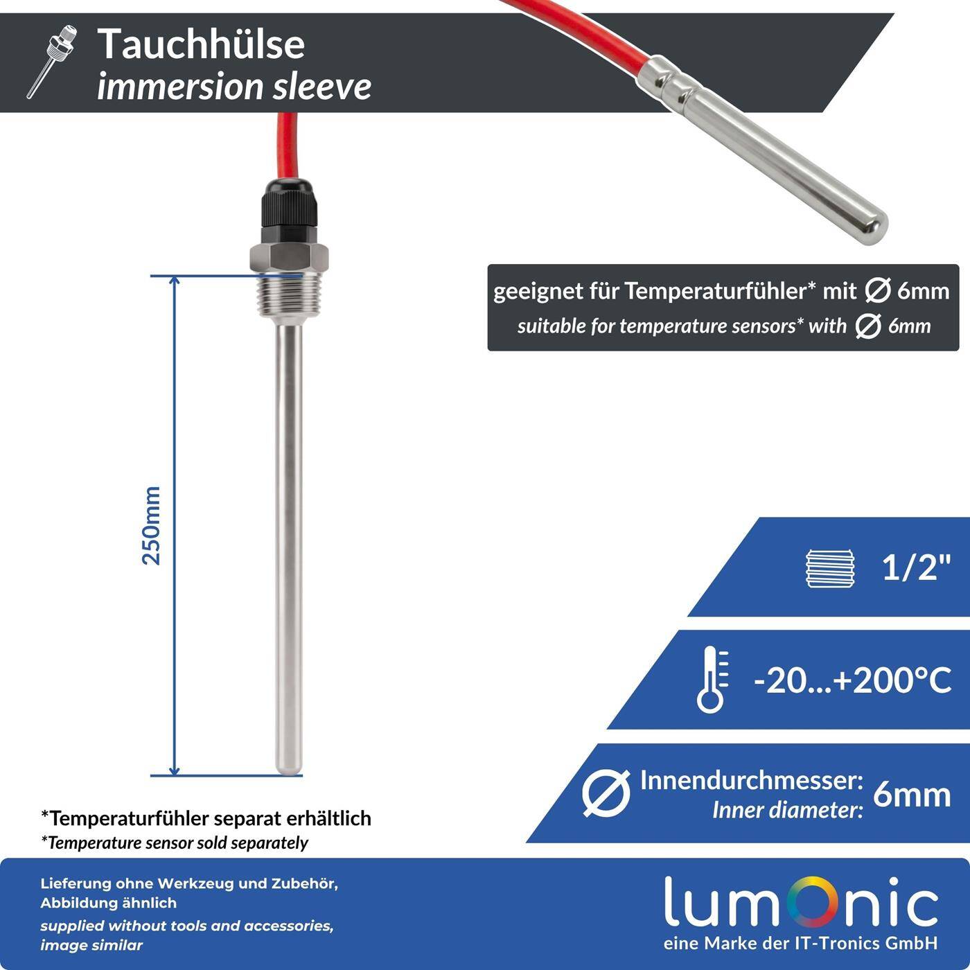 Lumonic Immersion sleeve V2A stainless steel 1/2 inch | 250mm Installation length | Perfect fit for 6mm temperature sensors | for buffer storage, heating, solar + smart home