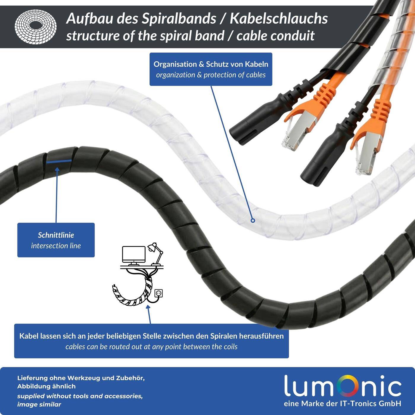 Lumonic Spiralkabelschlauch schwarz 20m I 10mm Spiralband für Kabel mit 7,5-60mm Durchmesser I Flexibler Kabelschlauch-Schutz für private & industrielle Zwecke