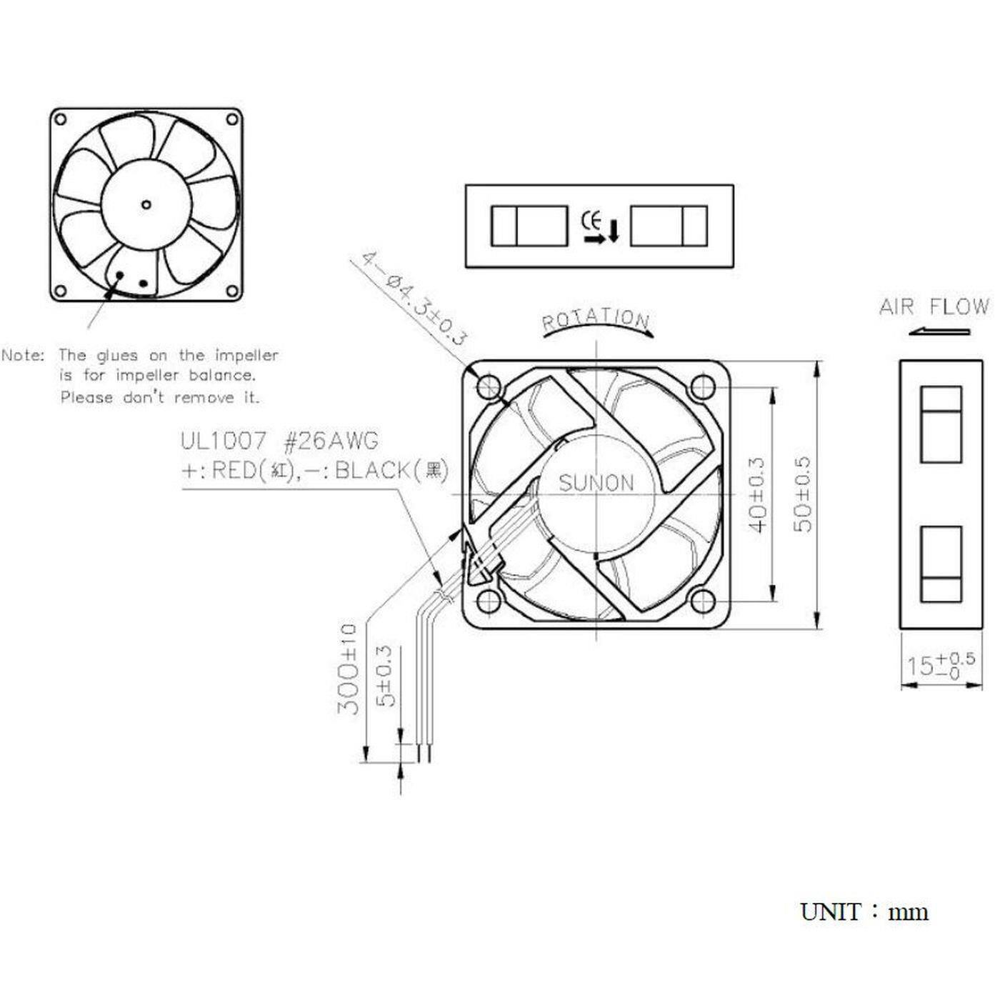 Fan 12V DC 0,87W 50x50x15mm 28,9m³/h 6100U/Min 28,9m³/h Sunon MF50151V11000UA99