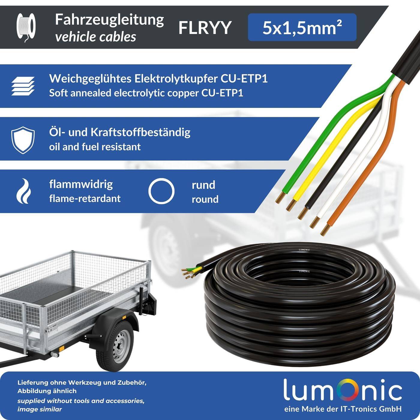 Lumonic 1m FLRYY Vehicle cable 5x1,5mm² black | 5-core | Trailer cable | Multi-core automotive cable | Oil and fuel-resistant, flame-retardant | Low voltage