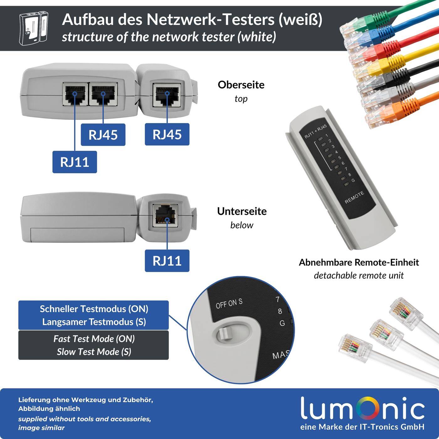 Lumonic Network tester with remote unit for RJ45 and RJ11, white - Master and remote units for Ethernet cables, RJ45 and RJ11, continuity tester, LAN tester, network cable tester