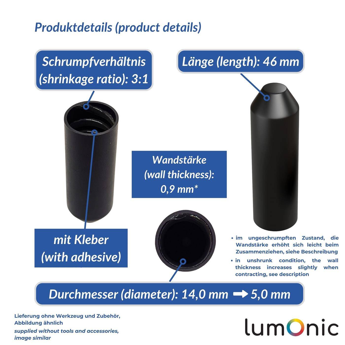 Lumonic I Heat-shrink end cap with adhesive I 14 -> 5mm I black I Ratio 3:1 I cross-linked polyolefin I Shrink cap I for cables, pipes and ropes