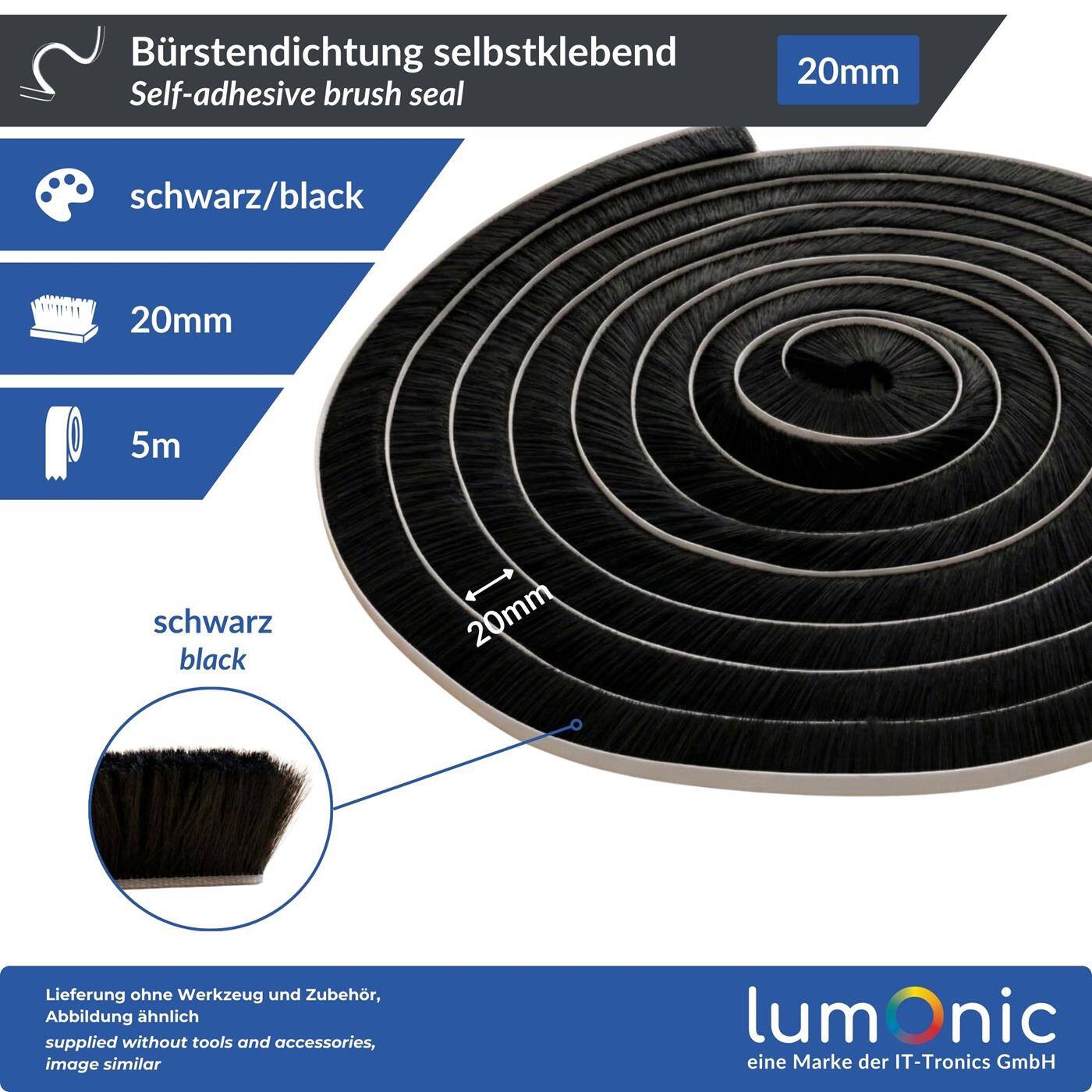 Lumonic 5m Brush seal black 20mm | Self-adhesive + Can be cut to size | Draught excluder, cold protection, insect screen for windows, doors, cupboards