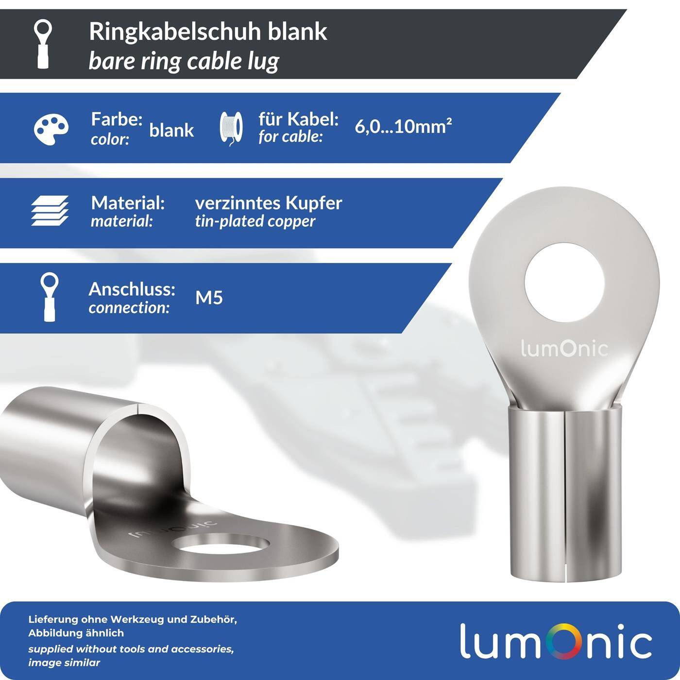 Lumonic 25x Ringkabelschuh 6,0-10,0mm² blank | M5 | Kupfer verzinnt | sichere Kabelverbindung ohne Löten | Crimp-Kabelschuh unisoliert | KFZ, Maschinenbau, Wohnmobil, Batterie