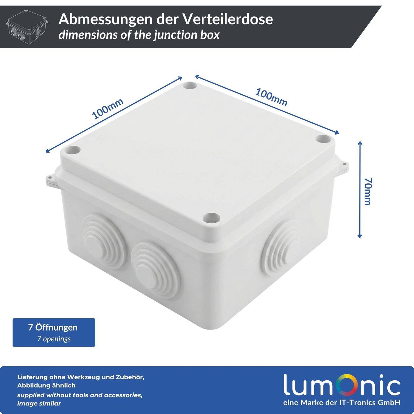 Lumonic Verteilerdose Aufputz IP65 Weiß | 100x100x70mm, 7 Kabeleinführungen | Deckel verschraubt | Hochwertiges PVC | Innenraum, Keller, Garage, Gartenbereich