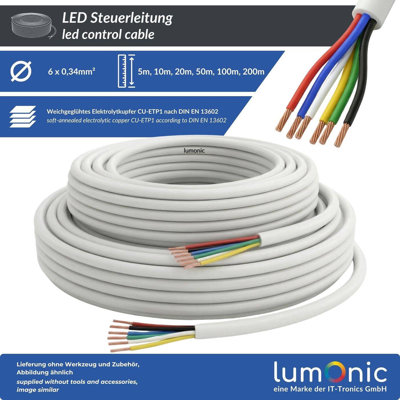 Lumonic 6x0,34mm² RGBW LED Control line black 1m | sheathed 5-core flexible cable | LiYY Extension, Power cable, LED supply line, Control cable