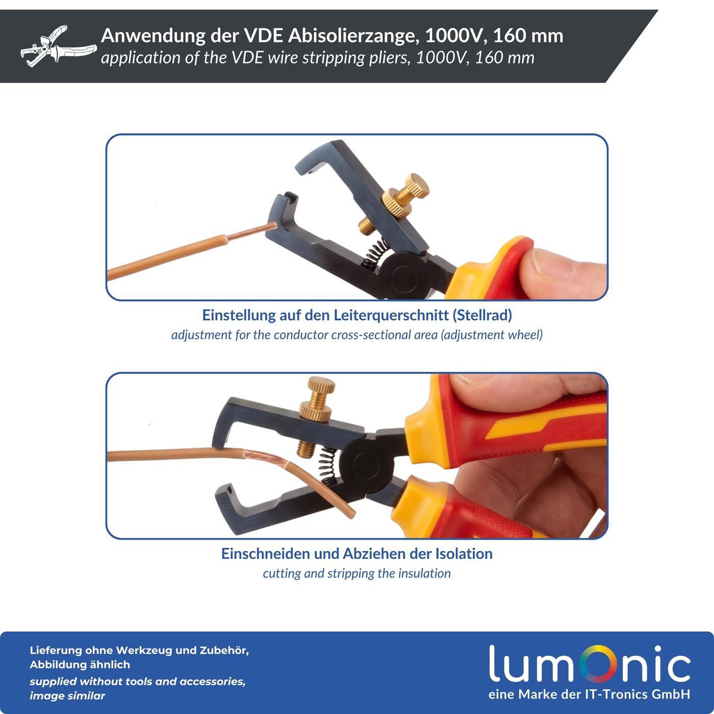 Lumonic VDE Wire Stripping Pliers 1000V, 0.5–6 mm², 160 mm — For cables up to 5 mm in diameter, 60CrV steel, two-component handle, for electrical installations and workshops