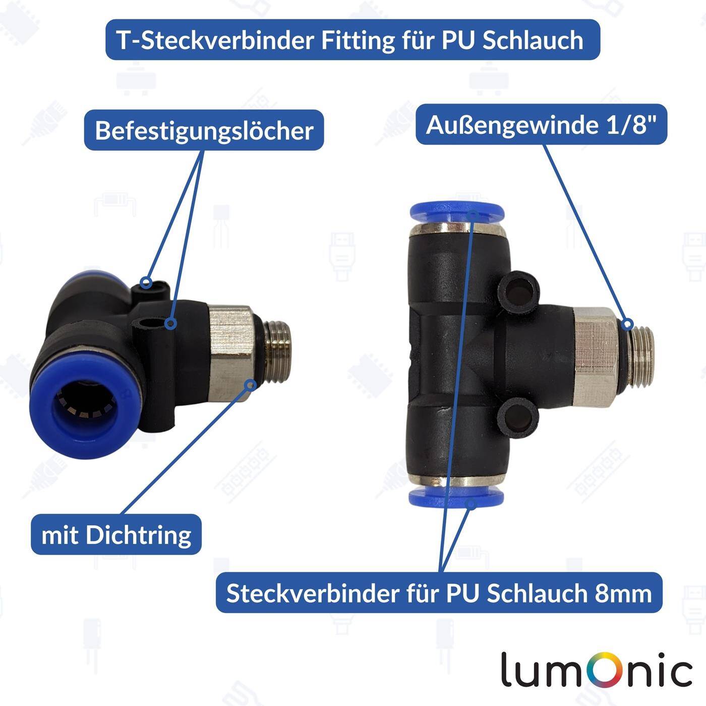PU hose T-connector fitting with external thread 8mm*1/8inch T-piece Push-in Pneumatic plug connector T-distributor Compressed air