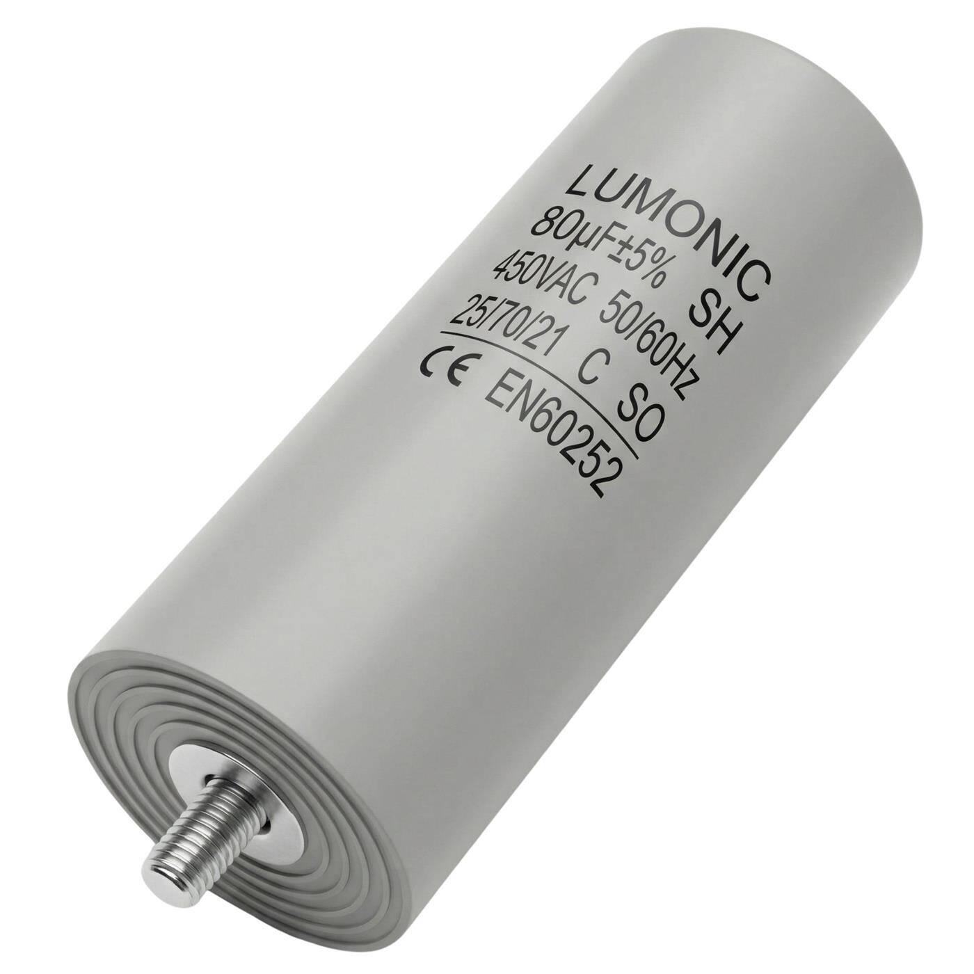 Lumonic Anlaufkondensator 80µF 450V | mit Stecker I 50x120mm I 80uF I Motorkondensator mit Kunststoffgehäuse I Betriebskondensator I für Pumpen, Rasenmäher, Werkzeuge