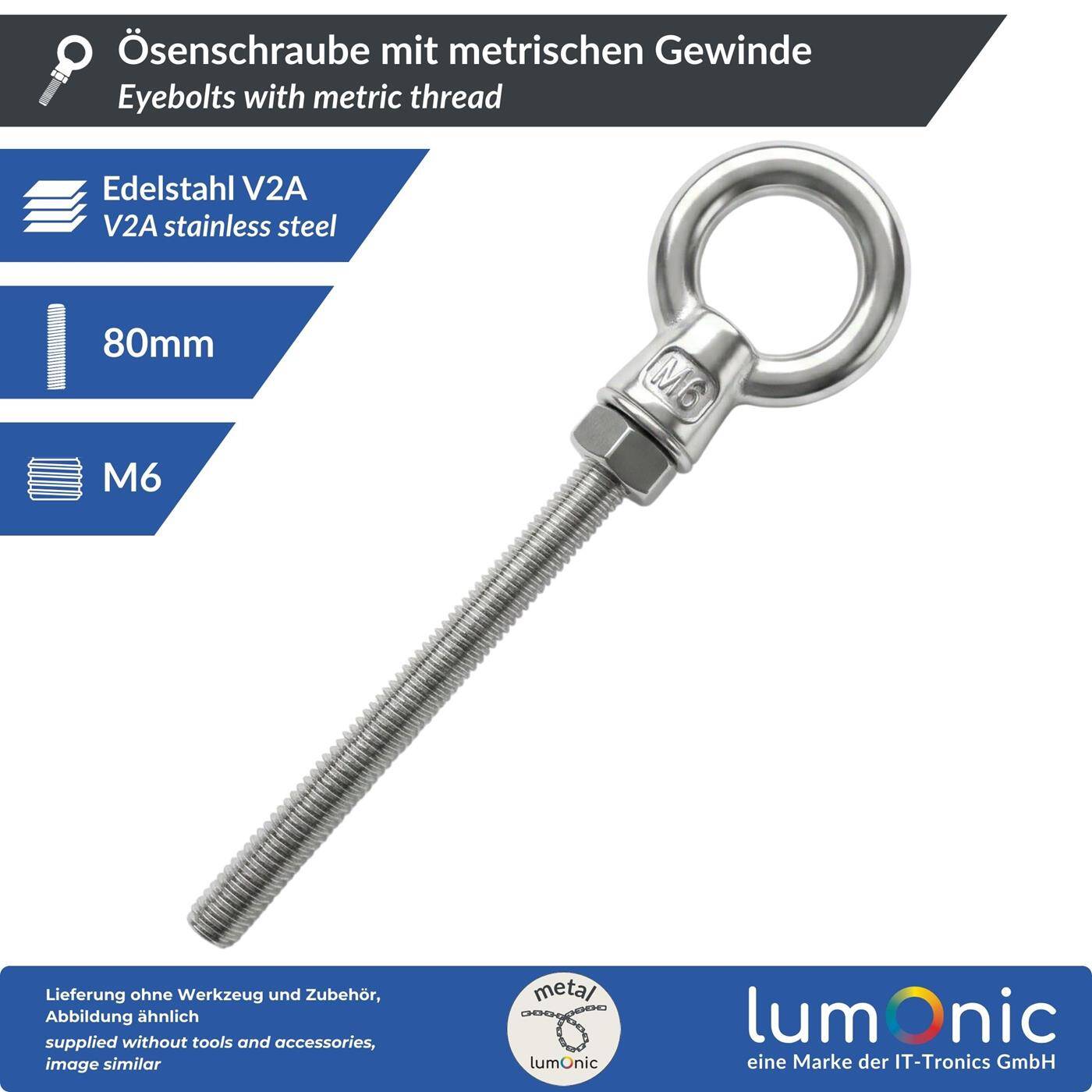 Lumonic Eye bolt V2A stainless steel incl. nut + washer | M6x80mm |  | Push-through mounting | Eyebolt for awning, hammock, swing + chains
