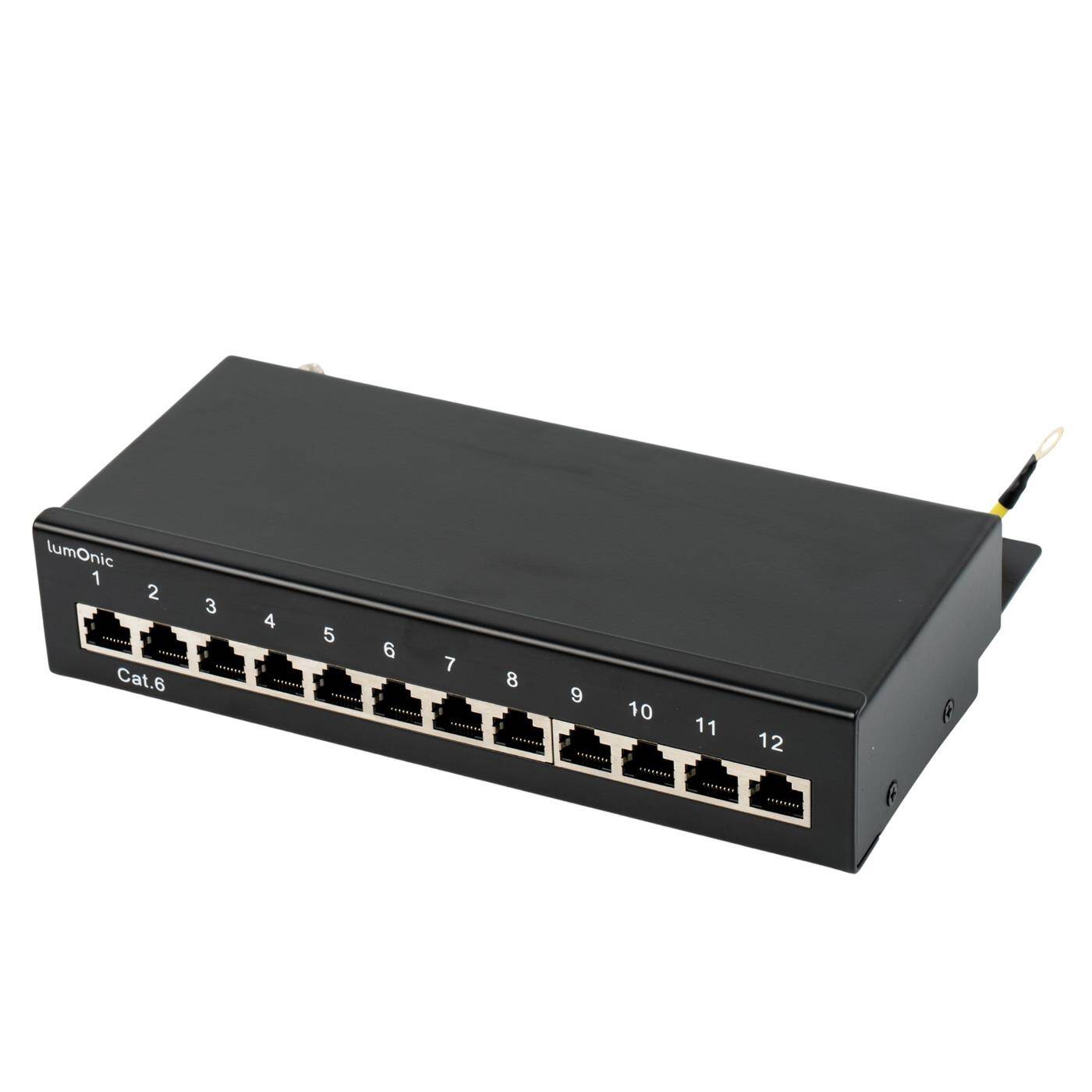 10" Patch panel desktop CAT6, 12 Port, 1U with labeling field, LSA mounting, T568A/B color-coded, free-standing, wall-mounted, Shielded black patch panel, Cable management, 1 Gbit/s + PoE