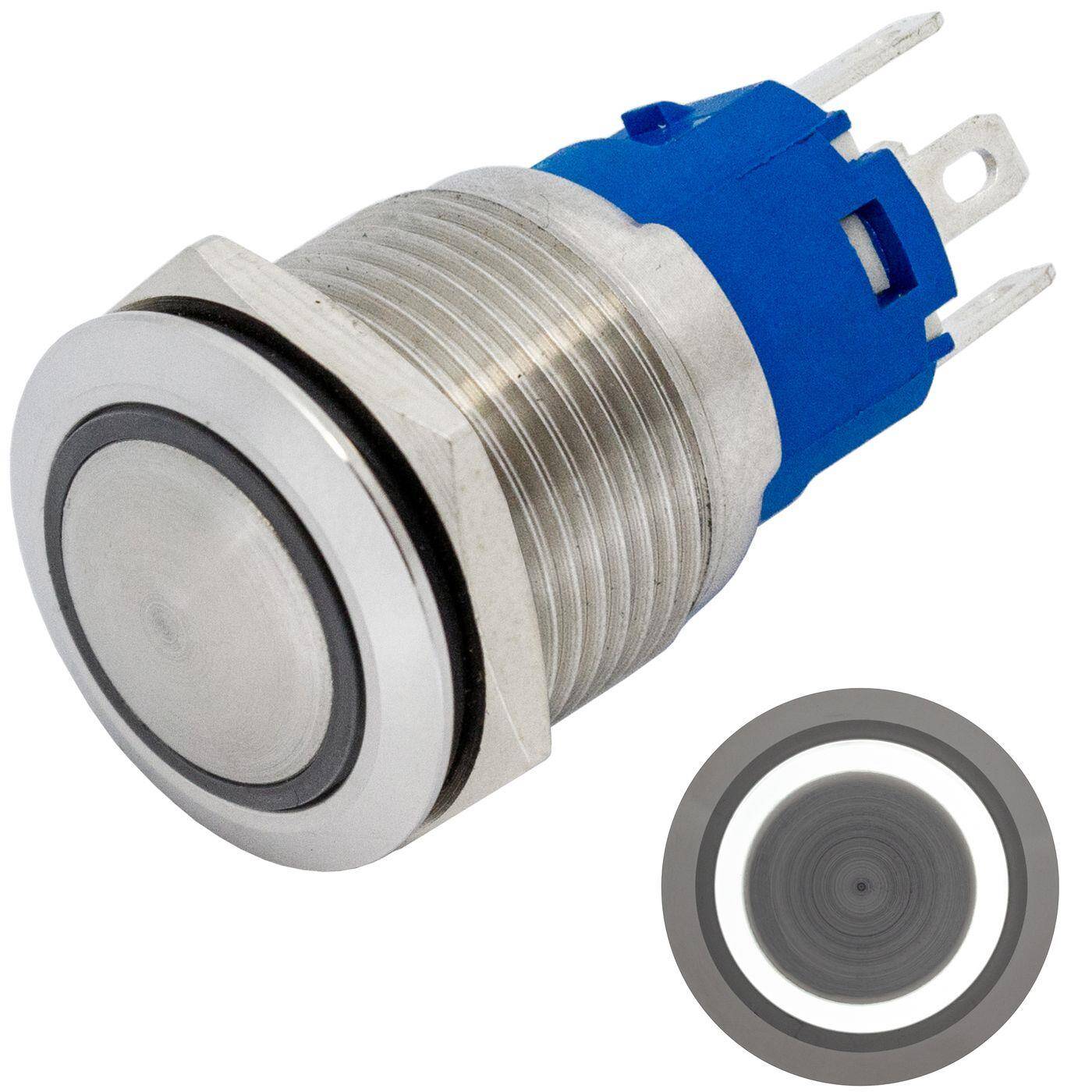 Lumonic Edelstahl Drucktaster gewölbt 19mm Durchmesser I Mit einer Ring LED in Kalt-Weiß Maße: 2,8x0,5mm Pin s 250V 3A I Vandalismussicher nach dem IP65 Standard