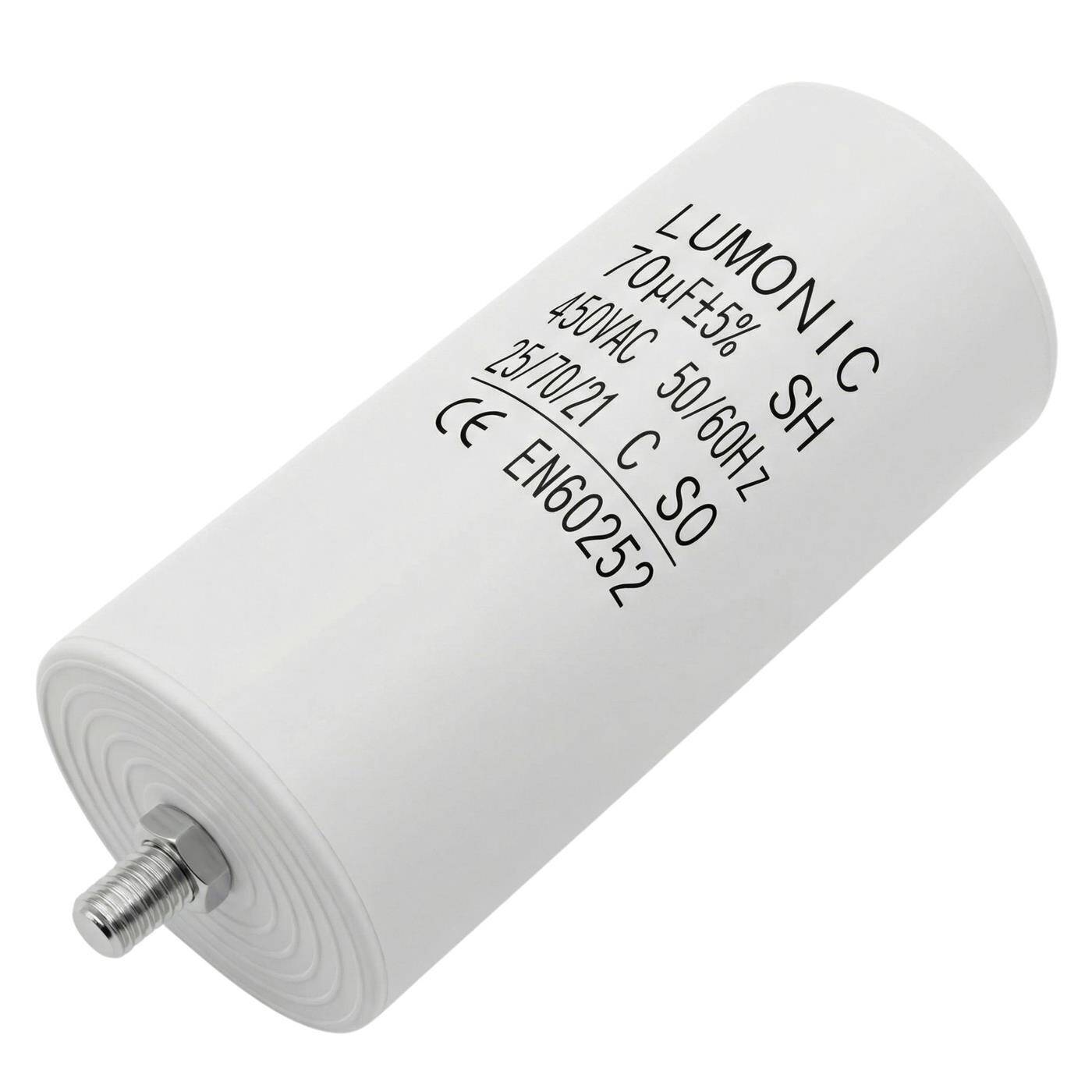 Lumonic Anlaufkondensator 70µF 450V | mit Stecker I 50x110mm I 70uF I Motorkondensator mit Kunststoffgehäuse I Betriebskondensator I für Pumpen, Rasenmäher, Werkzeuge