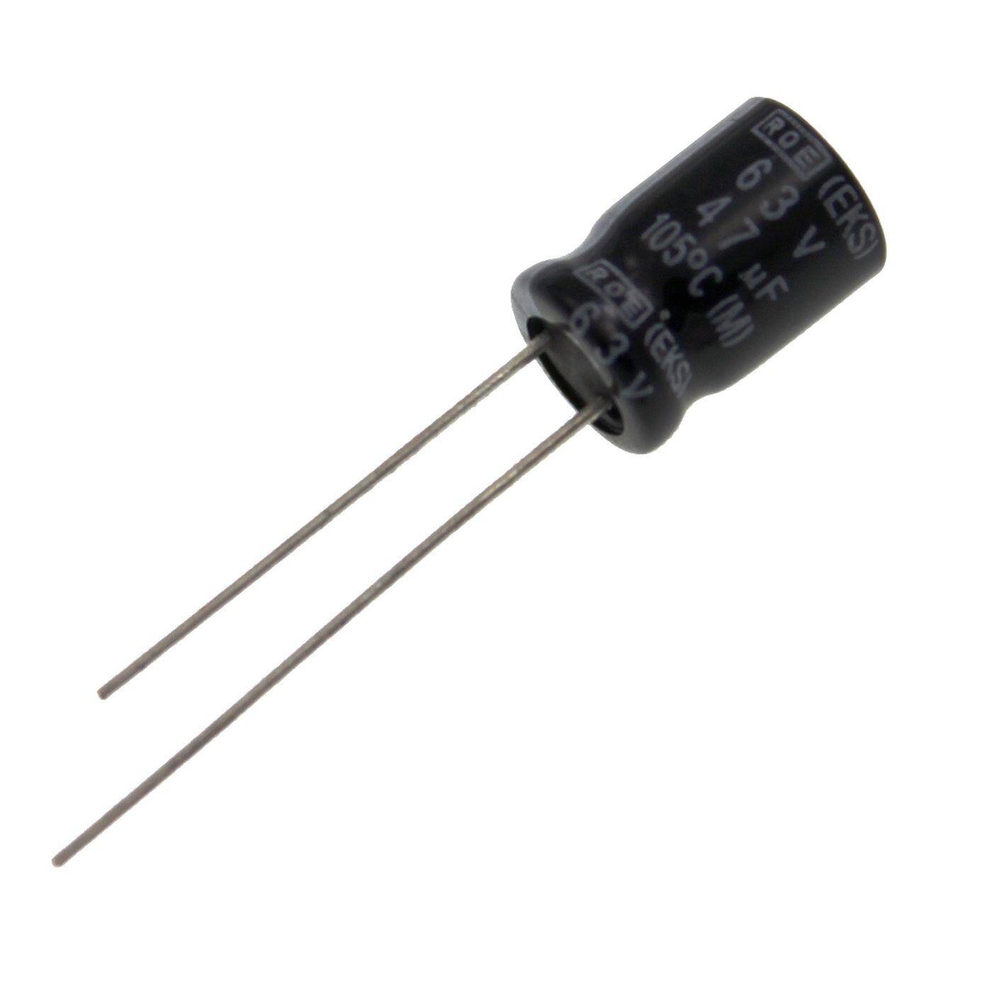 Elko Kondensator Radial 47µF 63V | Elektrolytkondensator bis zu einer Temperatur von 105°C | 8x11,5mm | 47uF EKS00PB247JL0K Vishay