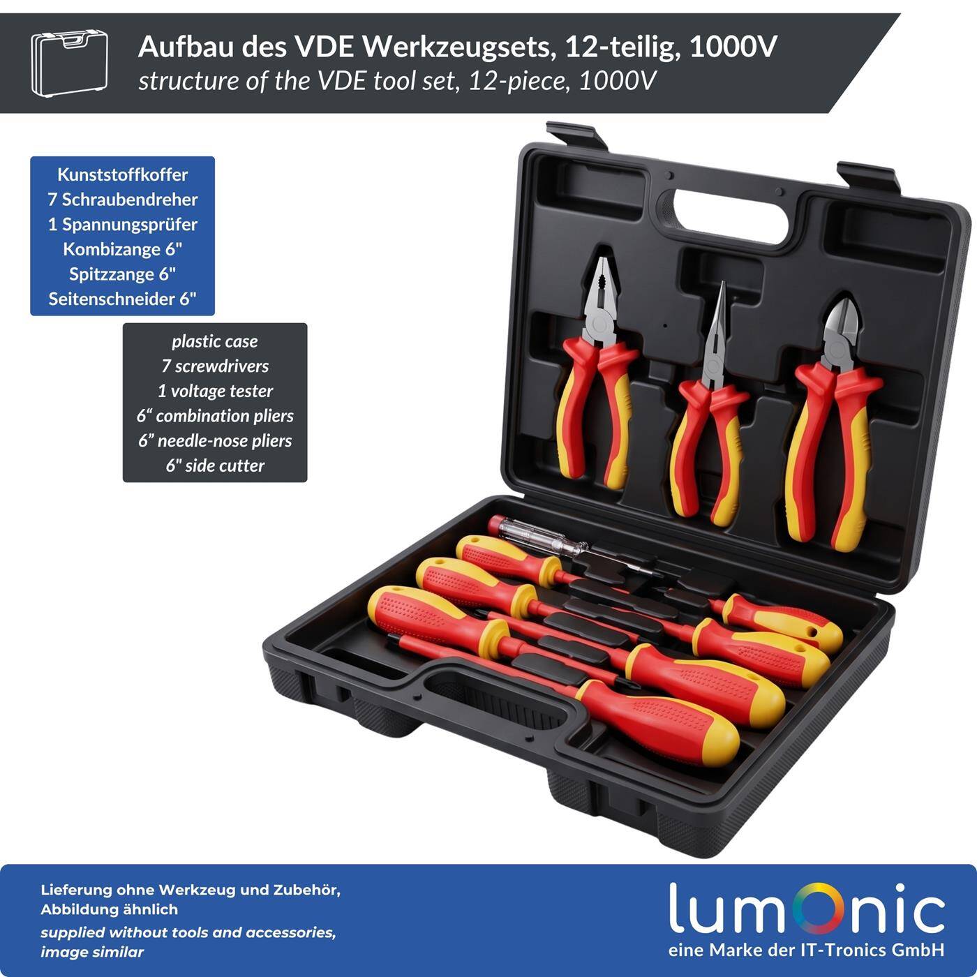 Lumonic VDE 12-Piece 1000V Tool Set in a Case—3 pliers, 7 screwdrivers, 250V voltage tester, plastic case, for electricians and home wiring projects
