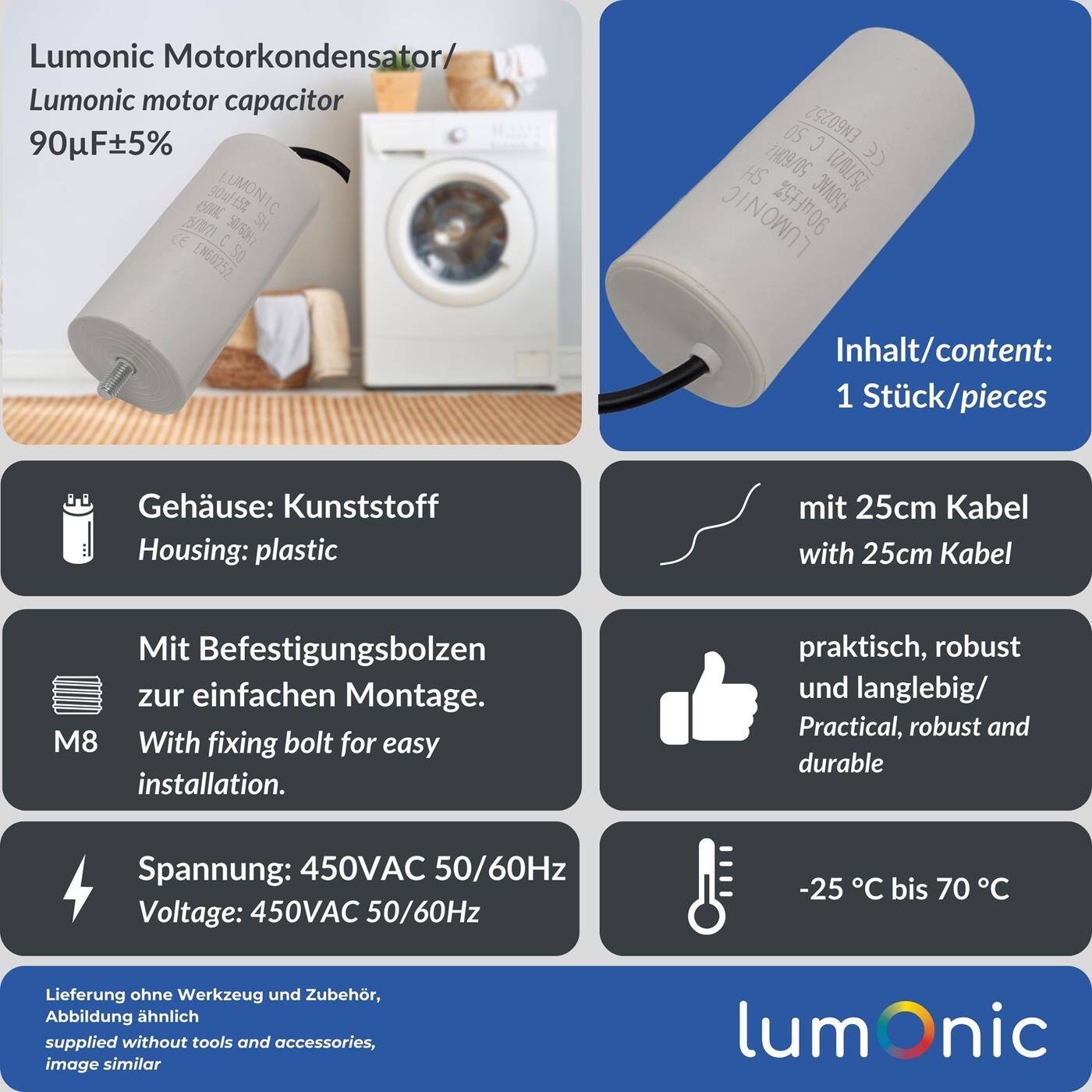 Lumonic Starting capacitor 90µF 450V | with Cable I 55x120mm I 90uF I Motor capacitor with plastic housing I Operating capacitor I for pumps, lawn mowers, tools