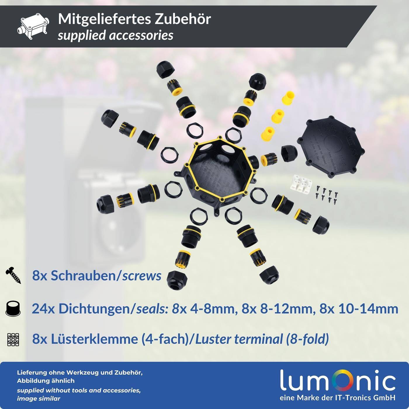 8-Wege Abzweigdose wasserdicht IP68, schnelle, sichere Kabelverteilung, für Kabel 0,5-4mm², UV-Beständig, -40°C bis+ 105°C, Verteilerdose für Outdoor, Garten, Erdkabel