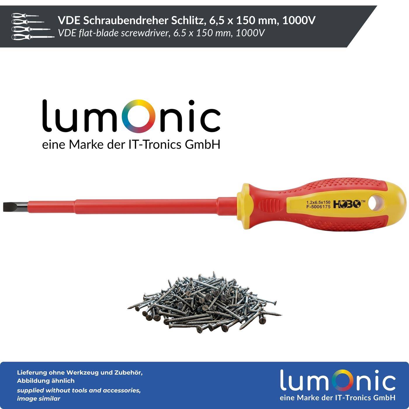 Lumonic VDE Flat-Blade Screwdriver, 6.5 x 150 mm, 1000 V—burnished S2 steel, magnetic tip, two-component handle, for terminals, switches, and control cabinets
