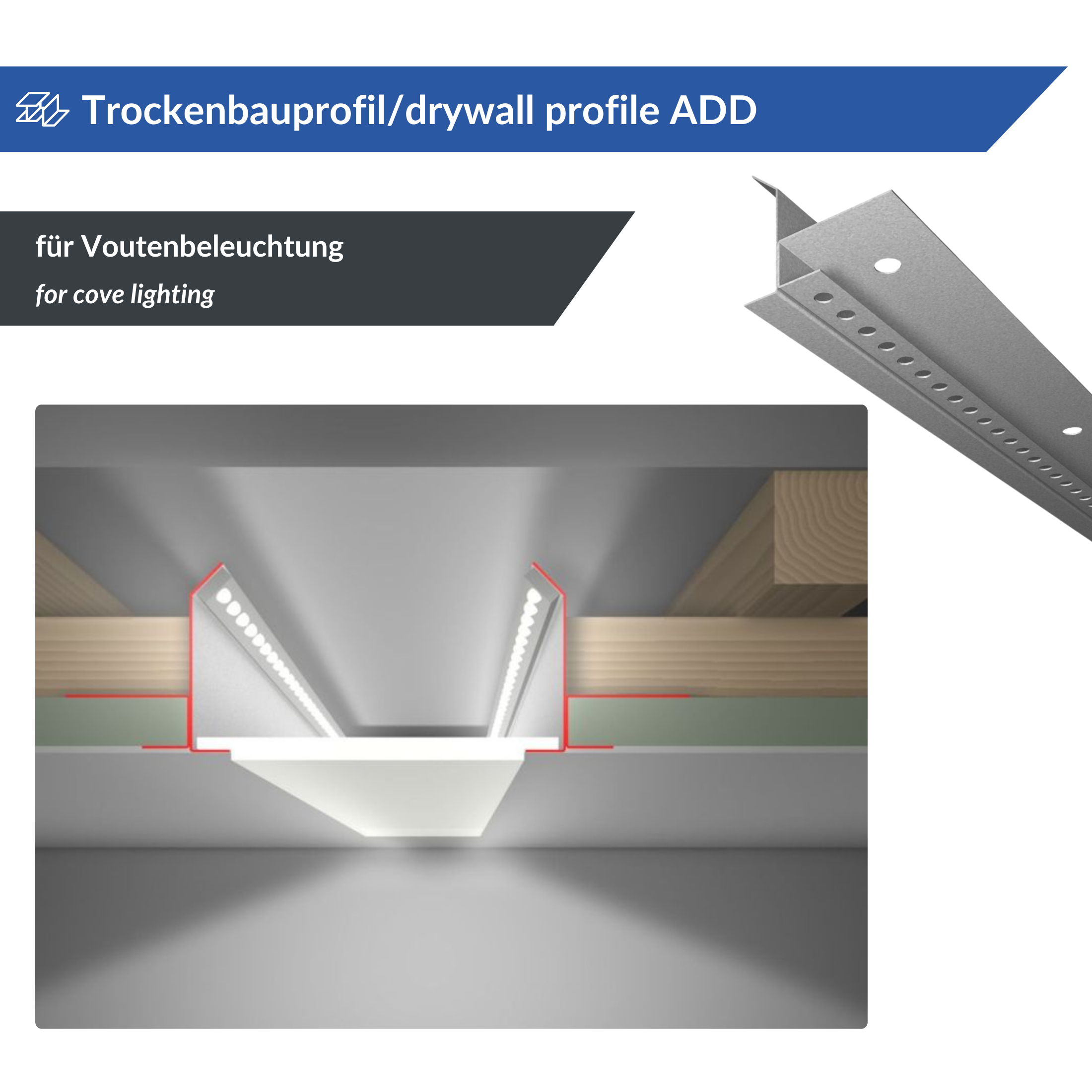 Abbildung eines Trockenbauprofils für Voutenbeleuchtung mit einem Bild des Profils. Die Abbildung enthält ein LED-Trockenbauprofil mit Holzbalken und Beleuchtungsaufbau. Der Text lautet „Trockenbauprofil“.