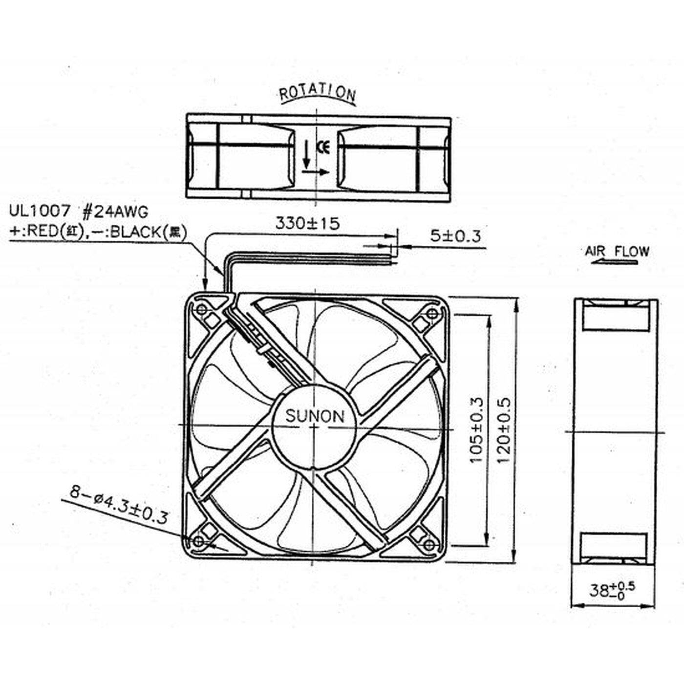 Fan 24V DC 5,5W 120x120x38mm 197m³/h 2600U/Min 197m³/h Sunon MEC0382V2-A99