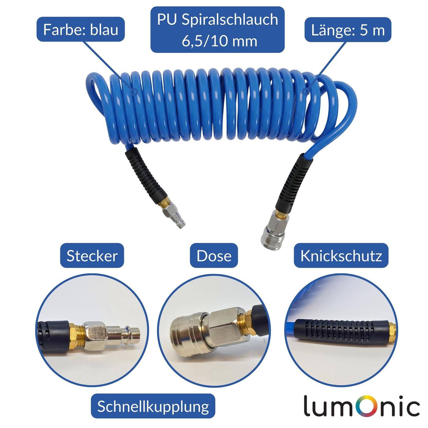 PU Spiralschlauch Premium mit Schnellkupplung 6,5mm/10mm 5m für Kompressoren und Druckluftwerkzeuge flexibel, abriebfest Druckluftverlängerung Dose & Stecker
