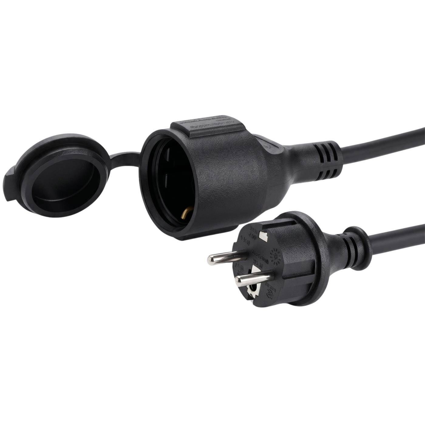 Lumonic Schuko Extension Cord, IP44, Rubber, Black, 5 m, 230 V - Flexible rubber sheath, for the garden and workshop, splash-proof to IP44, outlet with protective cap and child safety lock