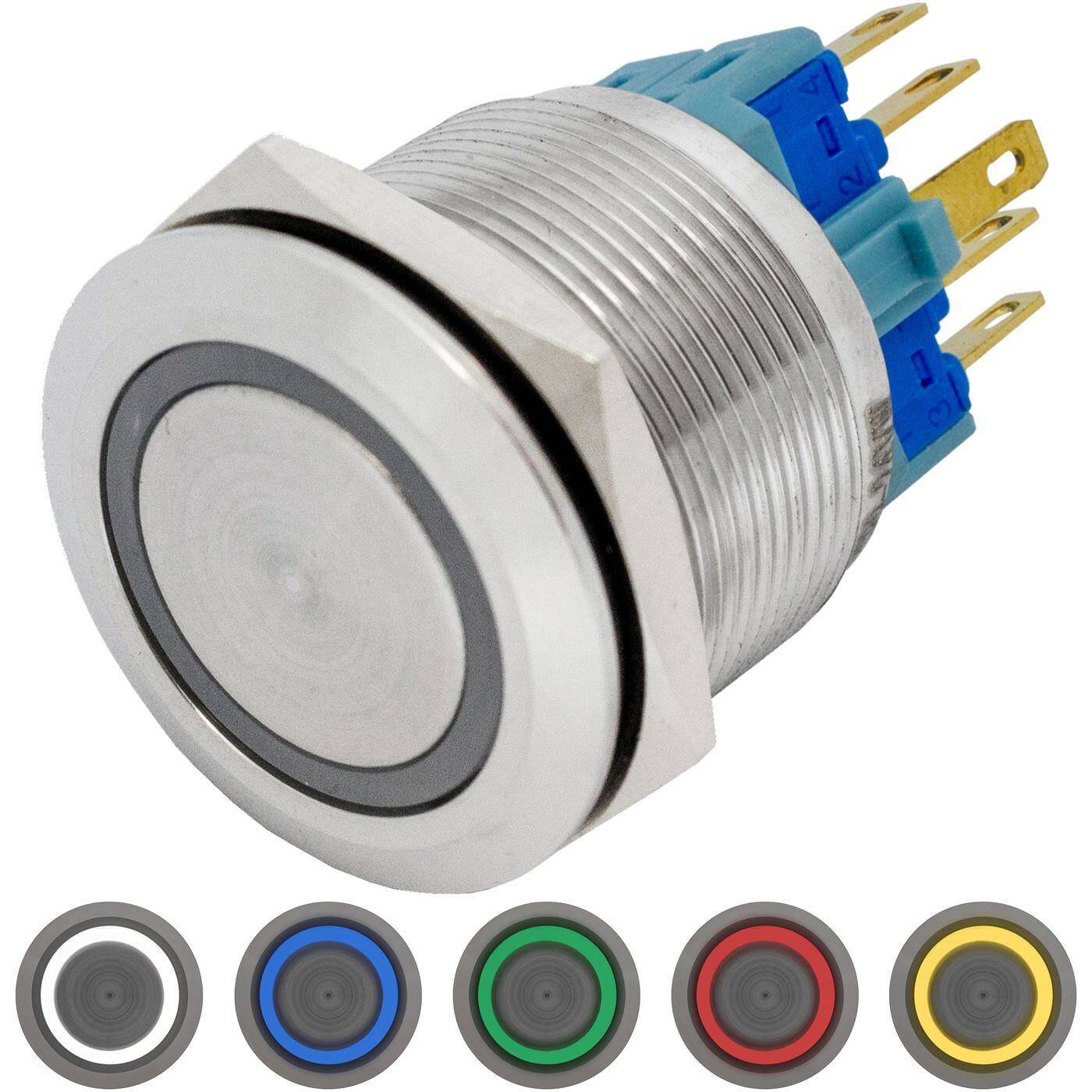 Stainless steel Push button Flat Ø25mm Ring LED Cold White IP65 2,8x0,5mm Pins 250V 3A Vandal-proof