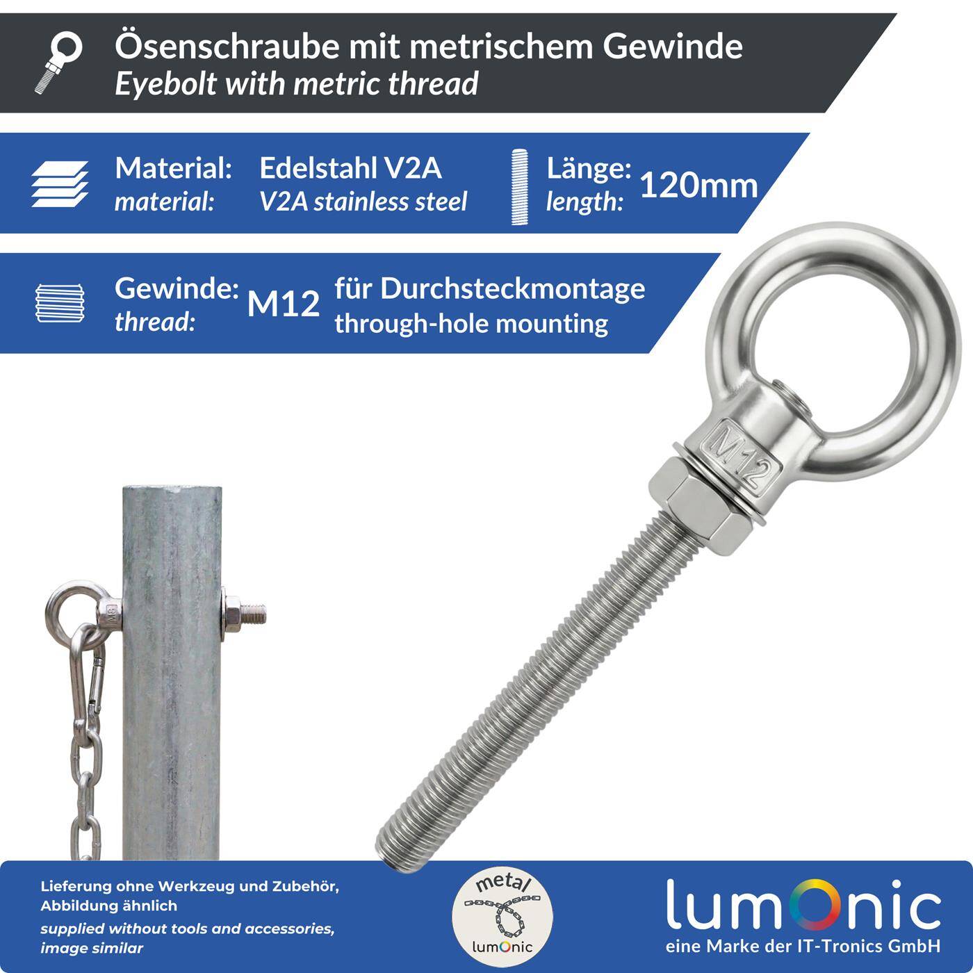 Eye bolt V2A stainless steel M12x120mm  Push-through mounting Eyebolt for awning hammock swing + chains incl. nut + washer