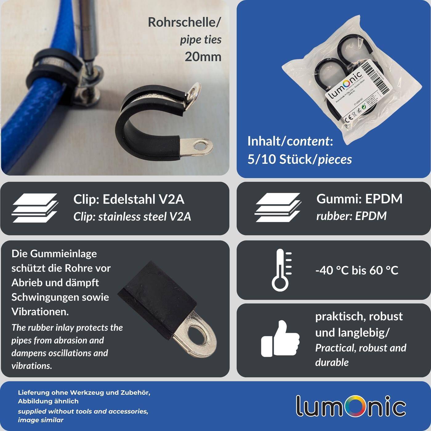 5x P-Clip Cable clamp Stainless steel V2A with Rubber 20mm Pipe clamp Mounting clip