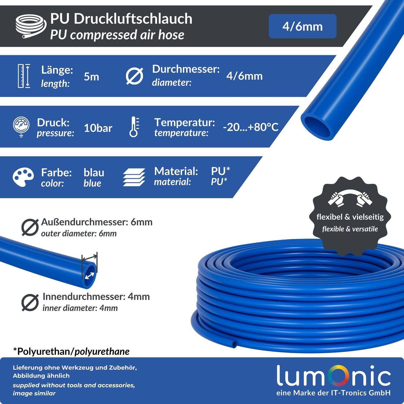 Lumonic I 5m Compressed air hose PU I 4/6mm I flexible, abrasion-resistant I Mechanical engineering, Pneumatic systems, Workshop I PU hose Polyurethane