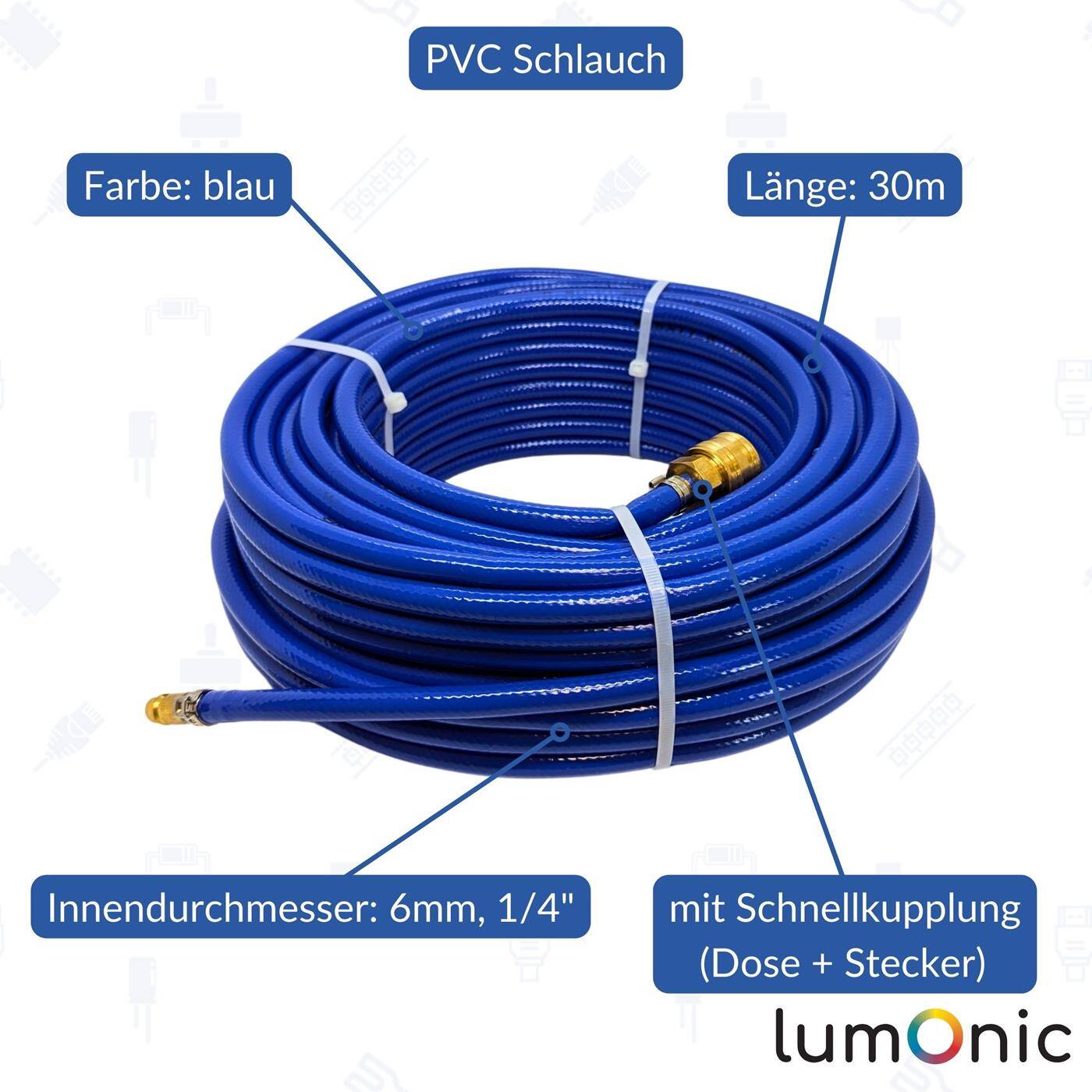 30m Druckluftschlauch mit Schnellkupplung 6mm PVC Druckluftverlängerung Dose & Stecker fertig konfektioniert flexibel, abriebfest und gewebeverstärkt 30m Druckluftschlauch mit Schnellkupplung 6mm PVC Druckluftverlängerung Dose & Stecker fertig konfektioniert flexibel, abriebfest und gewebeverstärkt