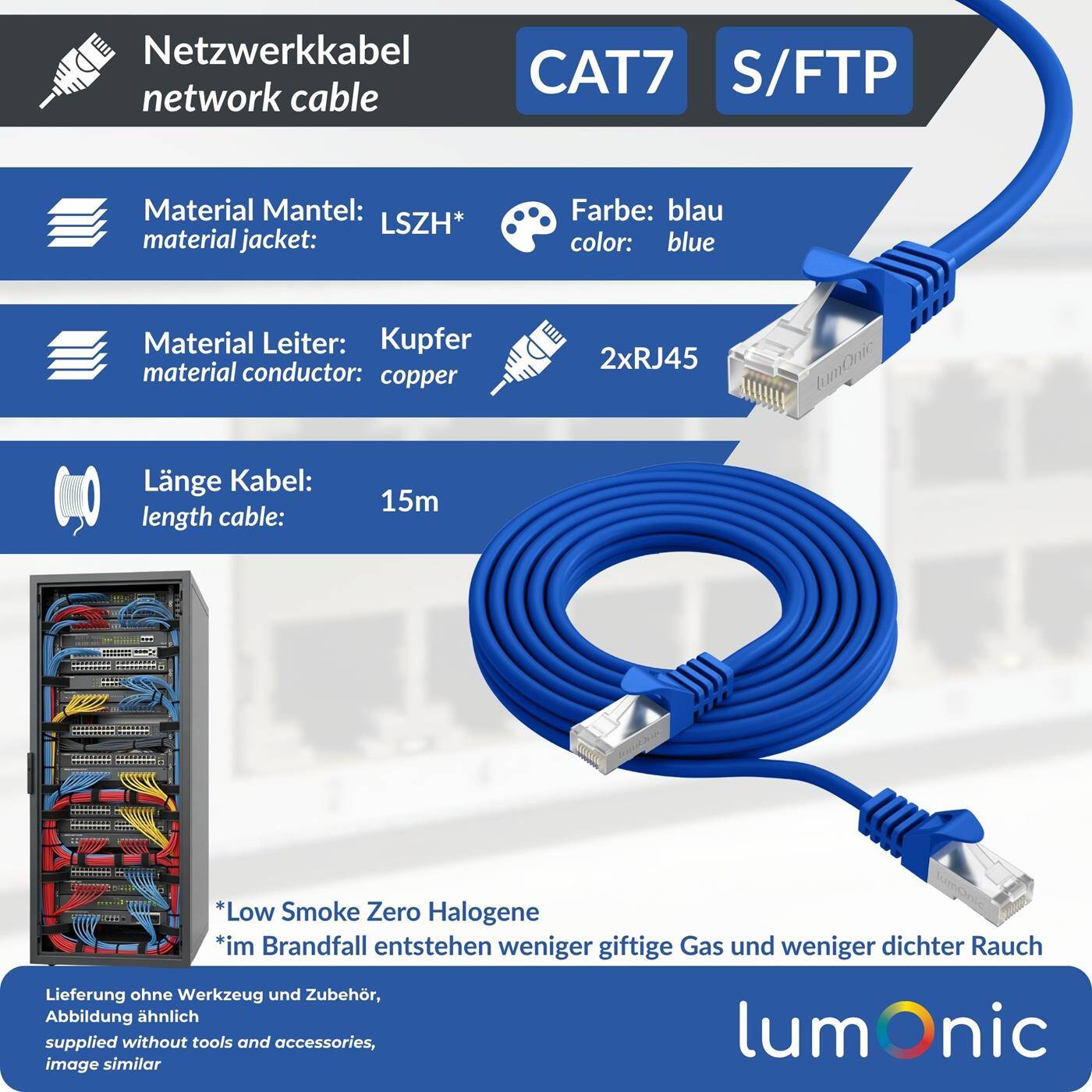 Lumonic CAT7 Patchkabel S/FTP 15m | RJ45 | Blau | Ethernet LAN | Netzwerkkabel