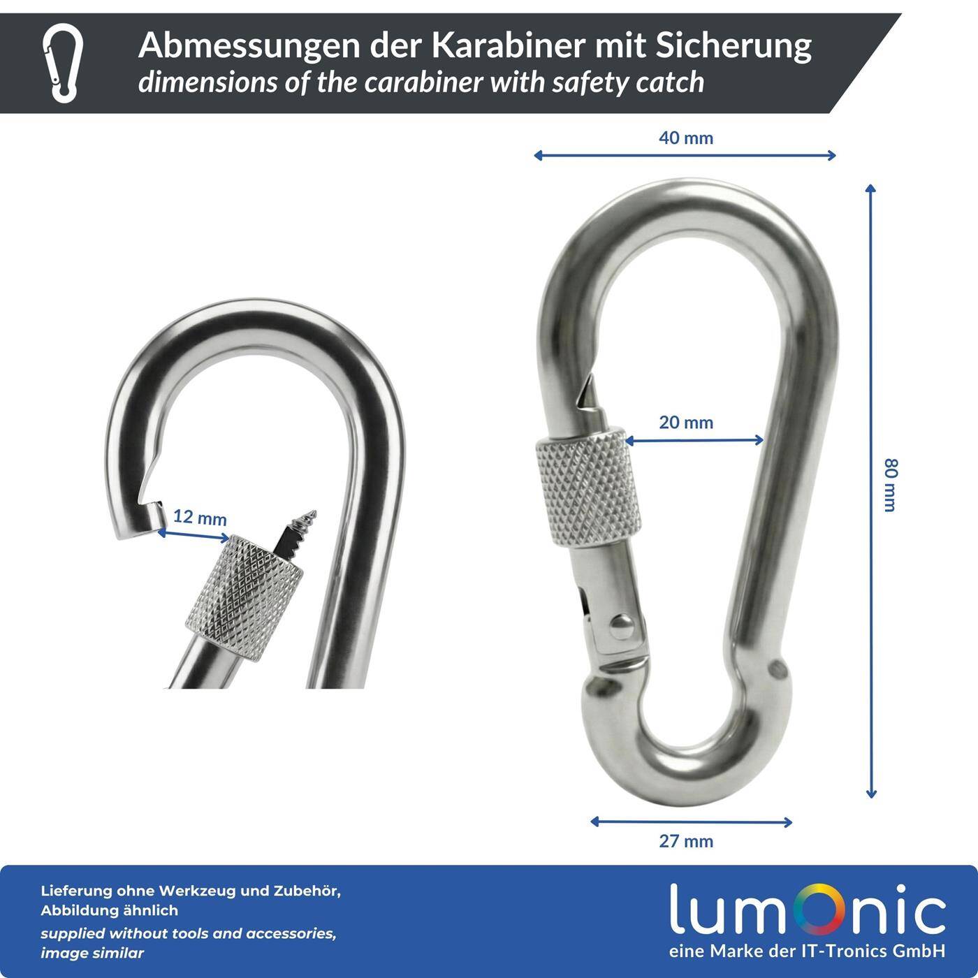 Lumonic Carabiner with safety catch V4A stainless steel | 8x80mm | Stainless + seawater resistant | Safety catch prevents unintentional opening | for awnings, hammocks, dogs, camping