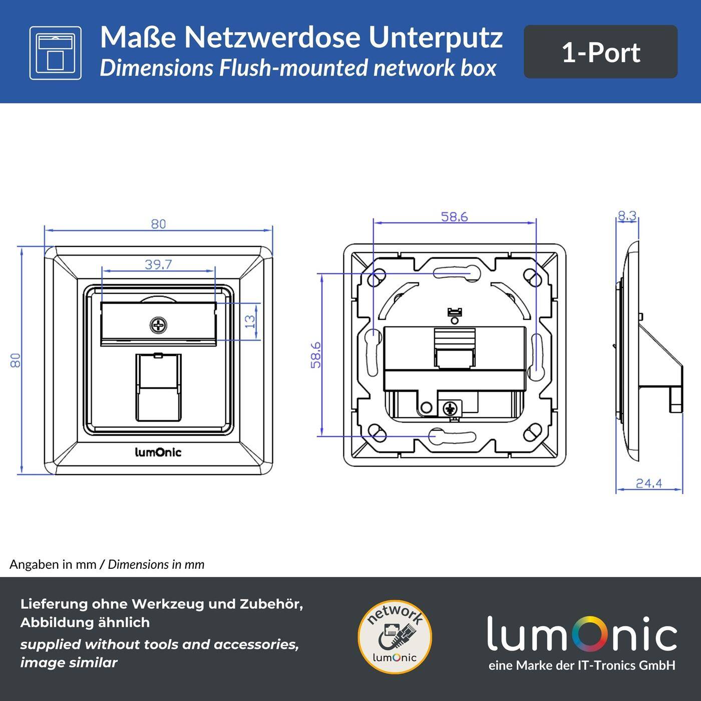 Lumonic Set of 2 Keystone flush-mounted frame incl. CAT8 module | 1-port snap-in I tool-free Keystone mounting | Ethernet up to 40 Gbit/s AWG22-24 | RJ45 fully shielded |