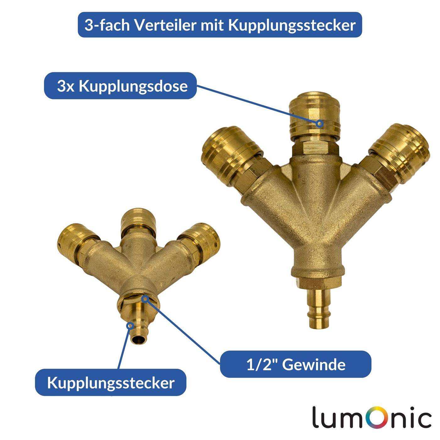 Lumonic I Compressed air distributor 3-fold I complete with coupling plug I made of brass I Female thread 1/2" I Compressed air diverter I Quick coupling I Multiple distributor I for workshops, businesses and DIY enthusiasts