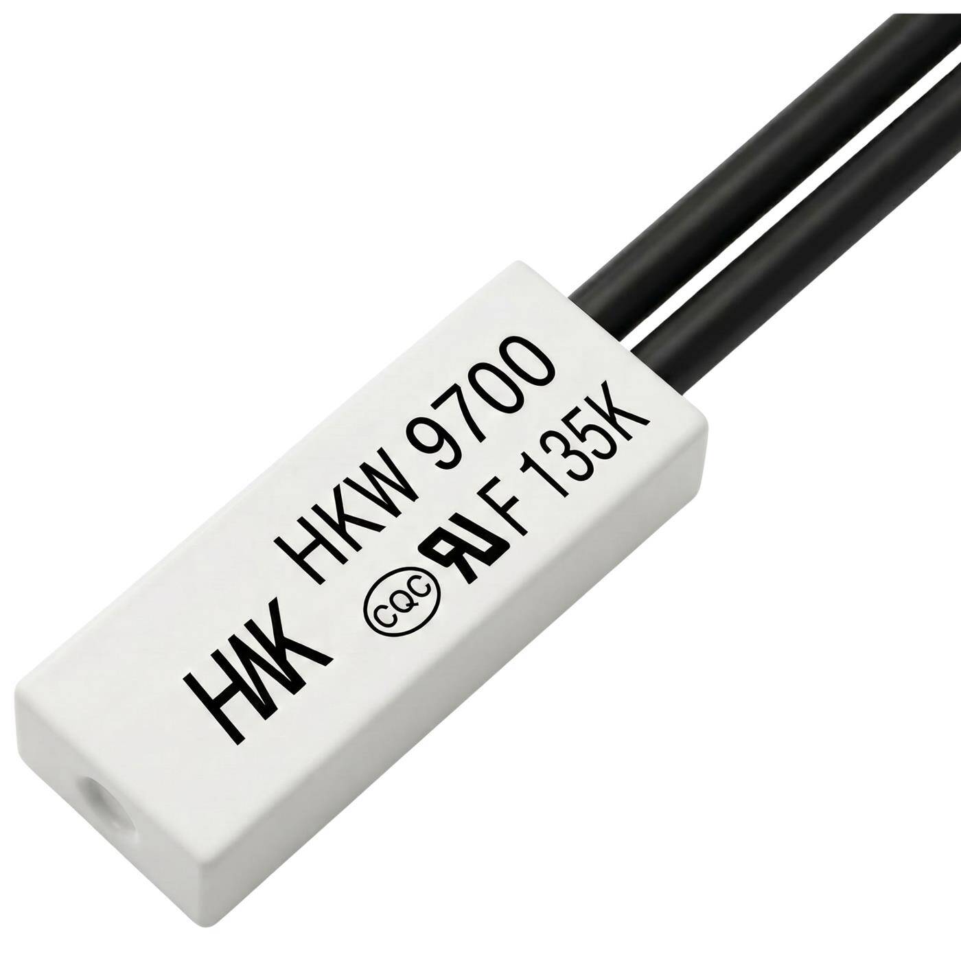 Lumonic HKW9700 Temperaturschalter flach | 135°C ± 5°C | Schließer NO | max. AC 250V/5A | max. DC 24V/8A | Kabel 70mm | 21x8x4mm | Thermoschalter, Bimetall, KSD9700 | Motoren, Setzteile, Heizlüfter