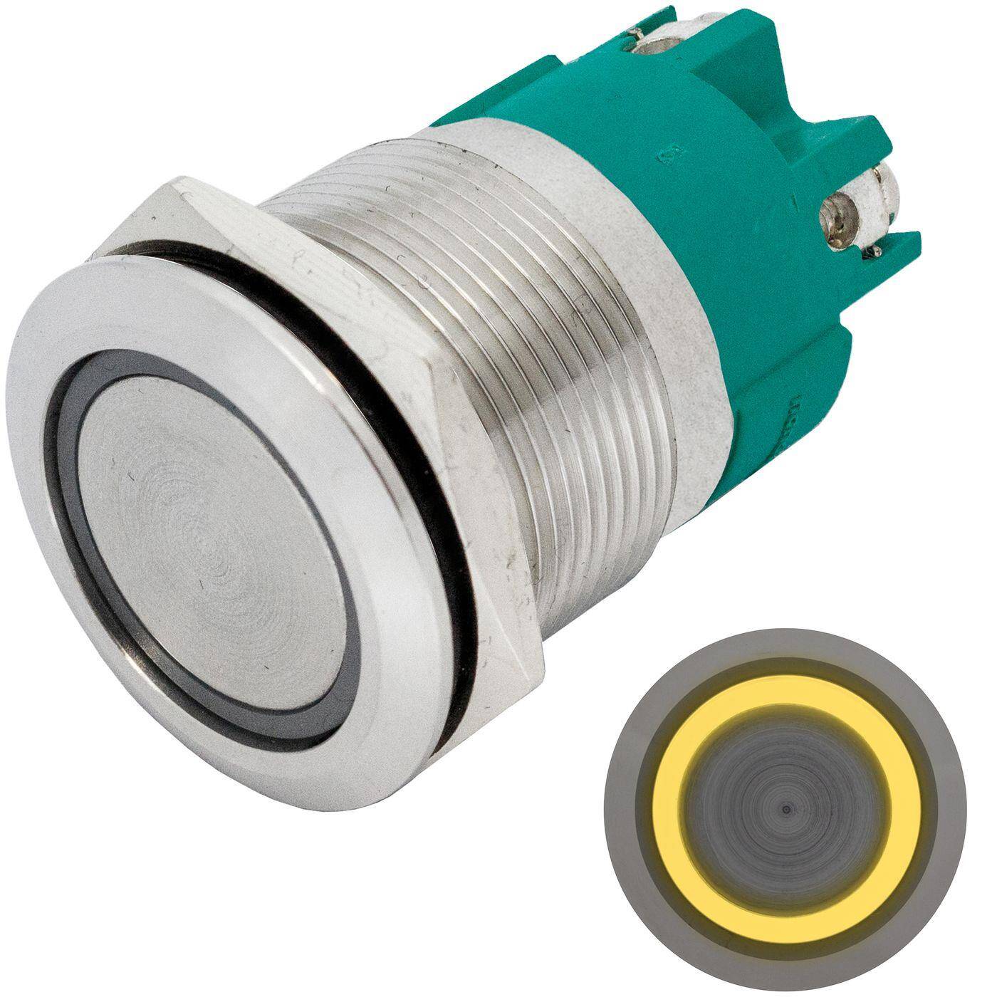 Lumonic Edelstahl Drucktaster flach 22mm Durchmesser I Mit einer Ring LED in Gelb Maße: Schraubanschluss 250V 3A I Vandalismussicher nach dem IP65 Standard